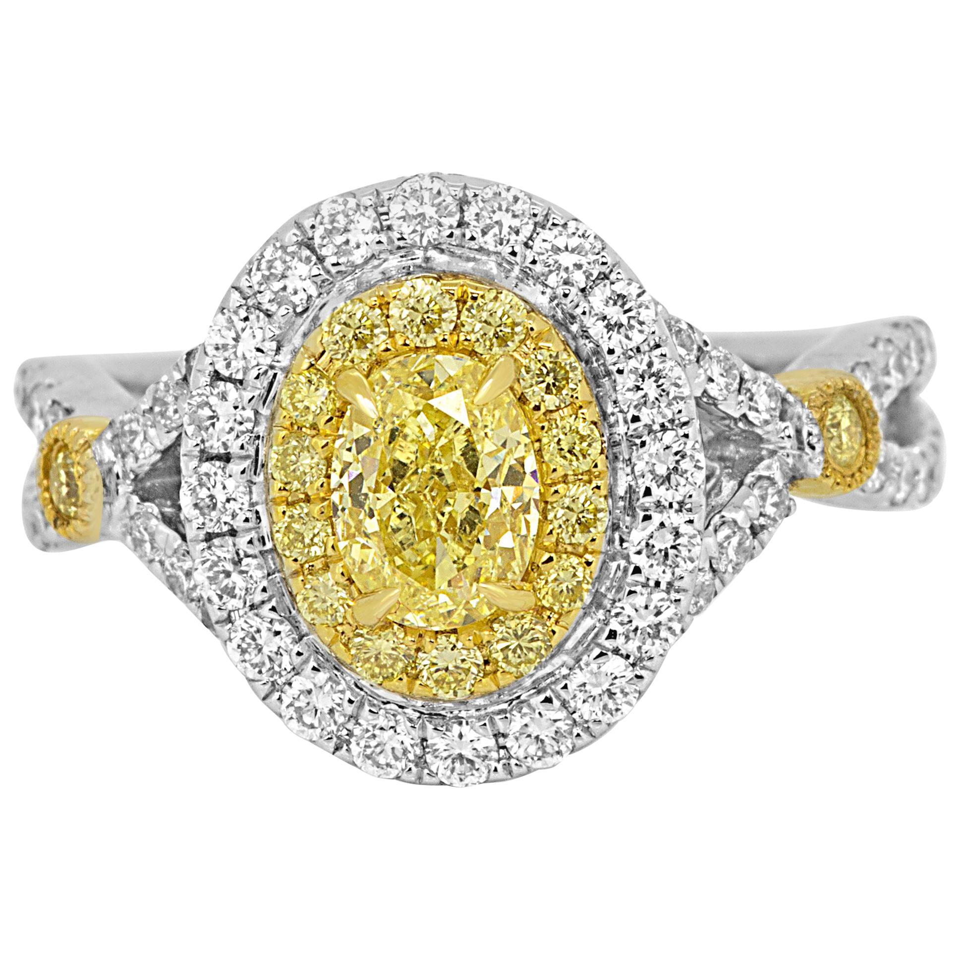Natural Fancy Yellow Diamond Double Halo Two-Color Gold Bridal Fashion Ring