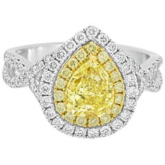 Natural Fancy Yellow Diamond Double Halo Two-Color Gold Bridal Fashion Ring