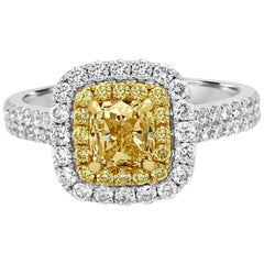 Natural Fancy Yellow Diamond Double Halo Two-Color Gold Bridal Fashion Ring