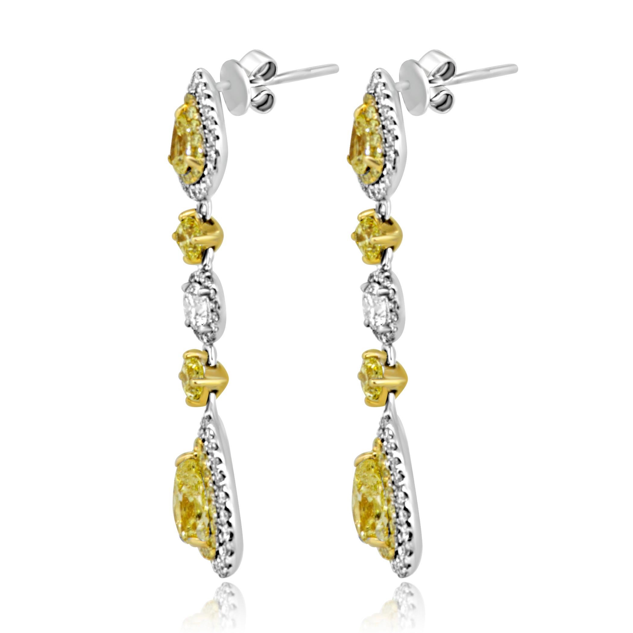 Pear Cut Natural Fancy Yellow Diamond Double Halo Two Color Gold Dangle Earring