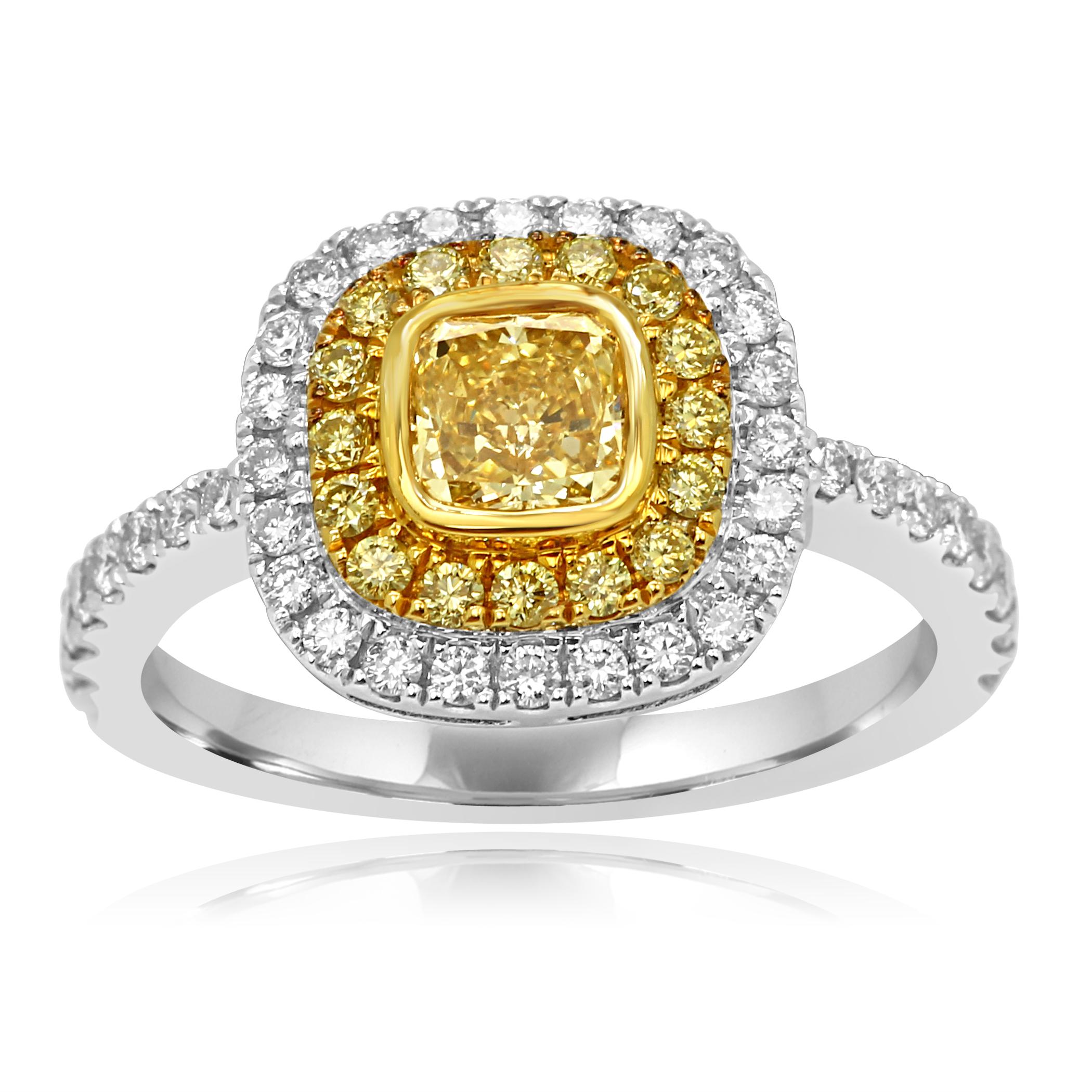 Natural Fancy Yellow Diamond Cushion 0.58 Carat encircled in double Halo of natural yellow diamond round 0.19 Carat white diamond round 0.50 carat in 18K White and Yellow Gold Bridal Fashion Ring.

Style available in different price ranges. Prices
