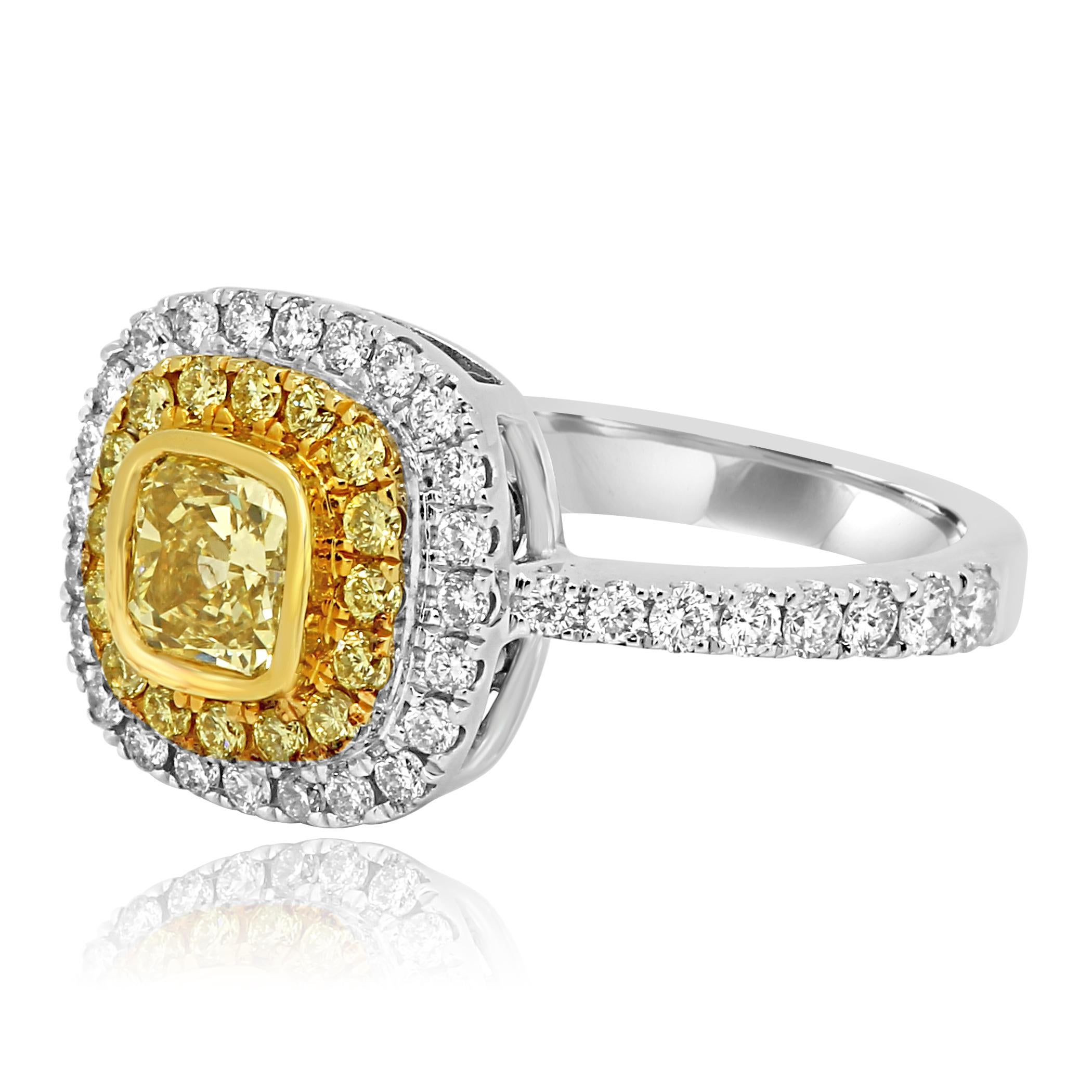 Contemporary Natural Fancy Yellow Diamond Double Halo Two-Color Gold Engagement Ring