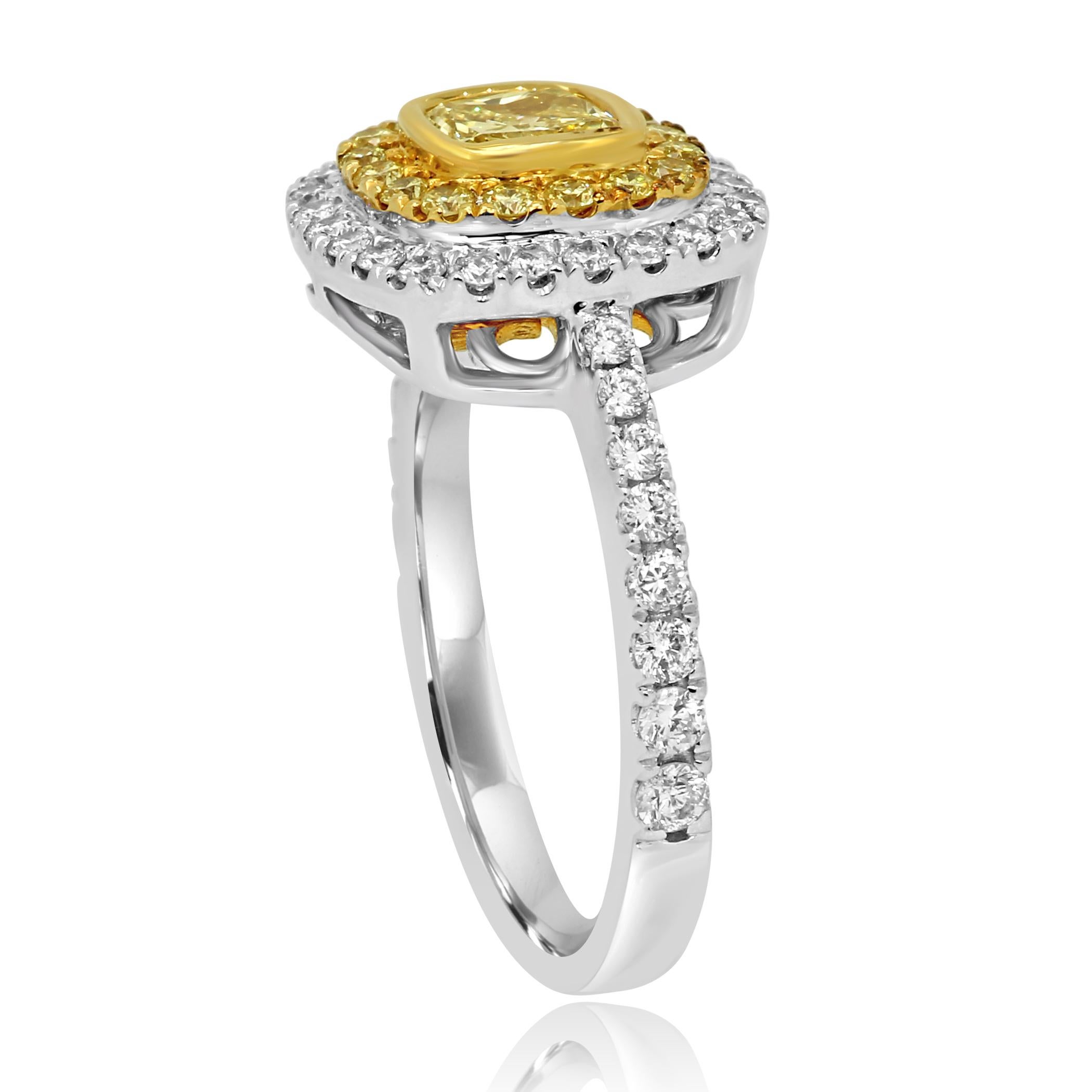 Women's Natural Fancy Yellow Diamond Double Halo Two-Color Gold Engagement Fashion Ring
