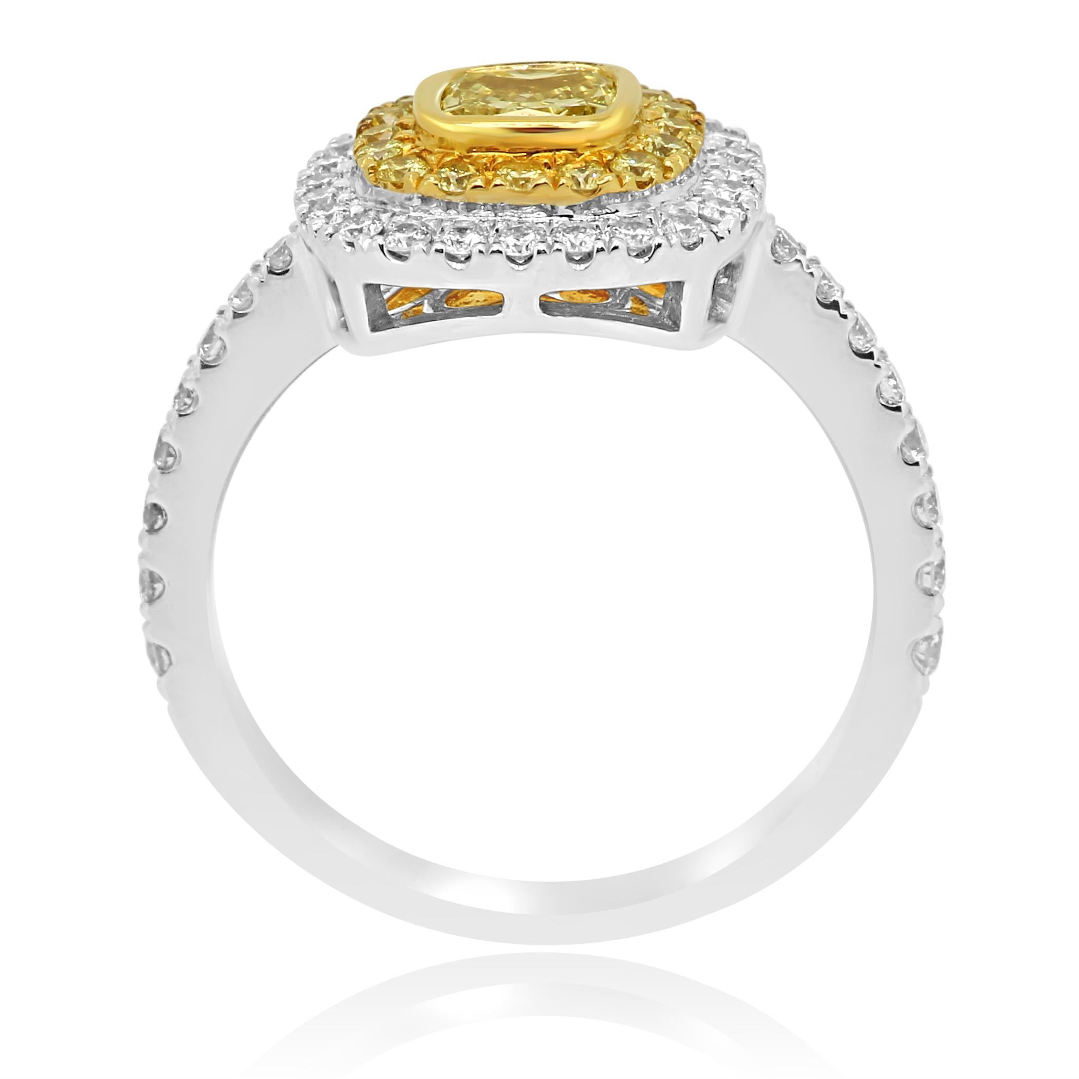 Natural Fancy Yellow Diamond Double Halo Two-Color Gold Engagement Fashion Ring 1