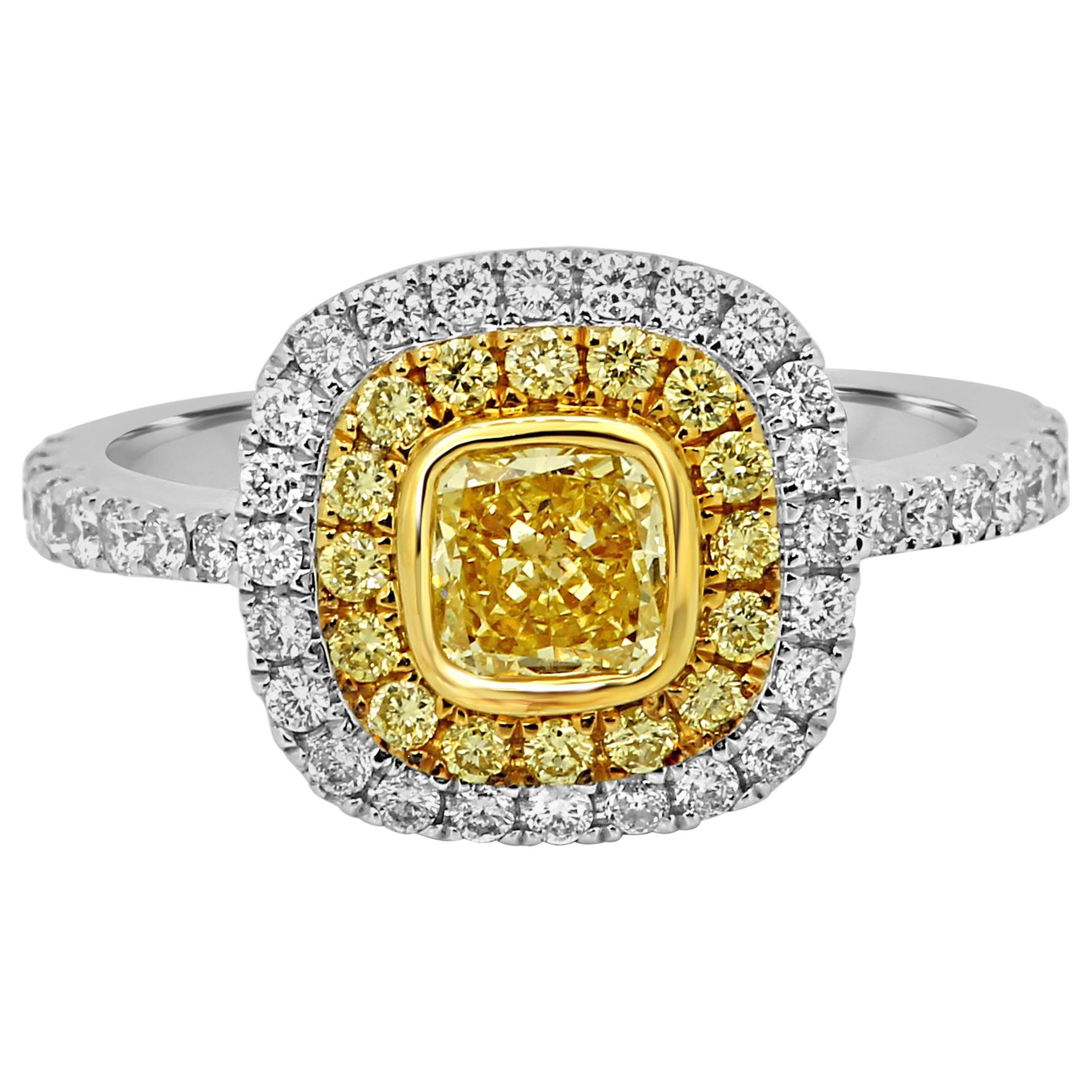 Natural Fancy Yellow Diamond Double Halo Two-Color Gold Engagement Ring