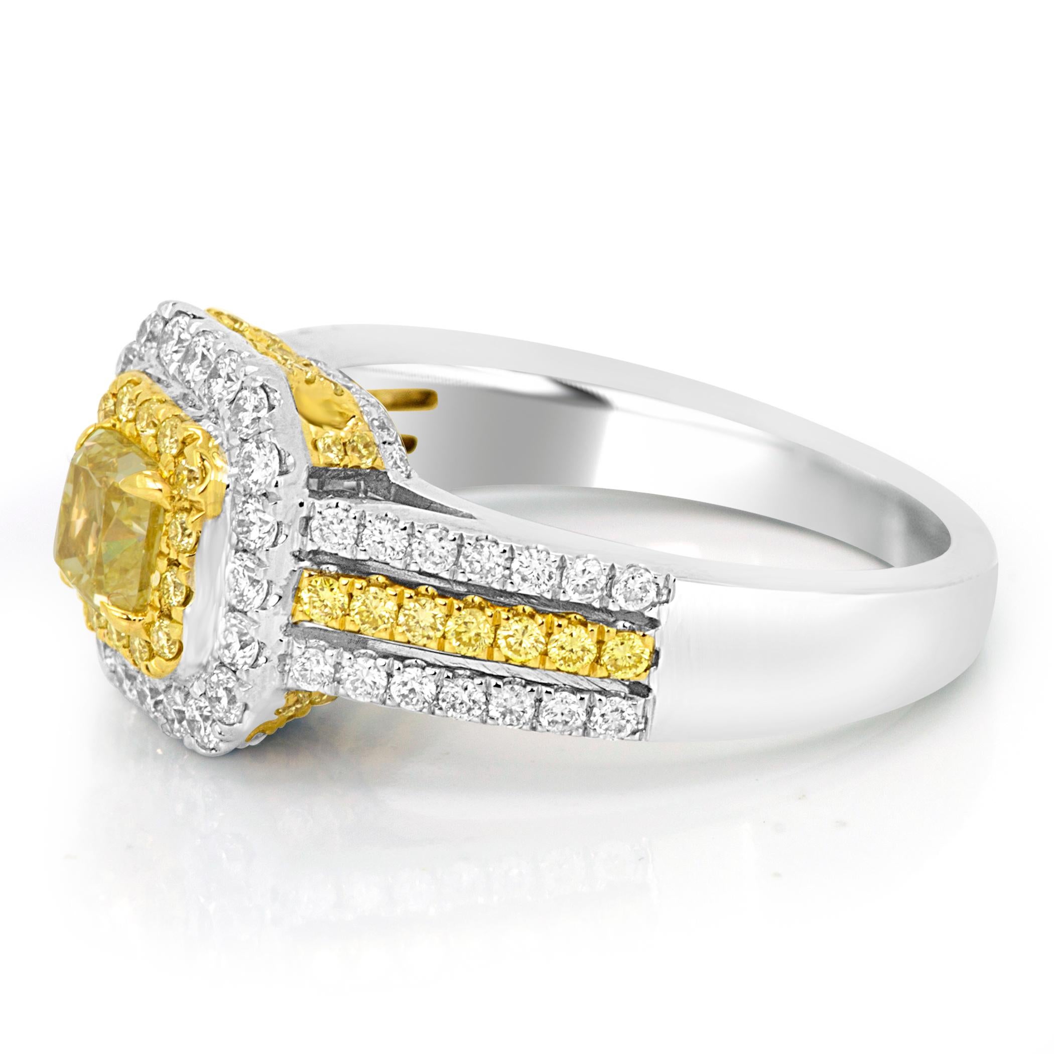 Natural Fancy Yellow Diamond Double Halo Two-Color Gold Bridal Cocktail Ring In New Condition In NEW YORK, NY
