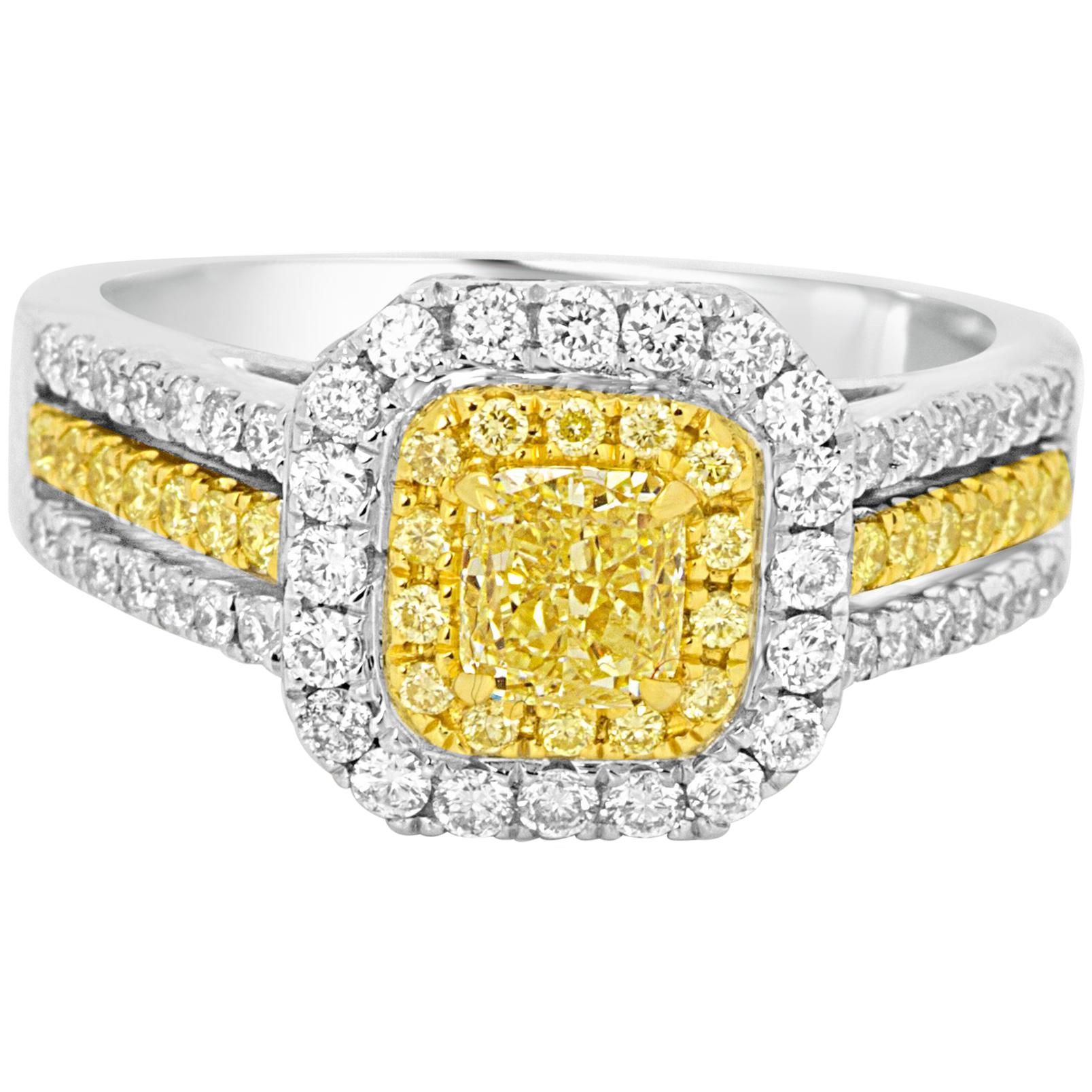 Natural Fancy Yellow Diamond Double Halo Two-Color Gold Bridal Cocktail Ring