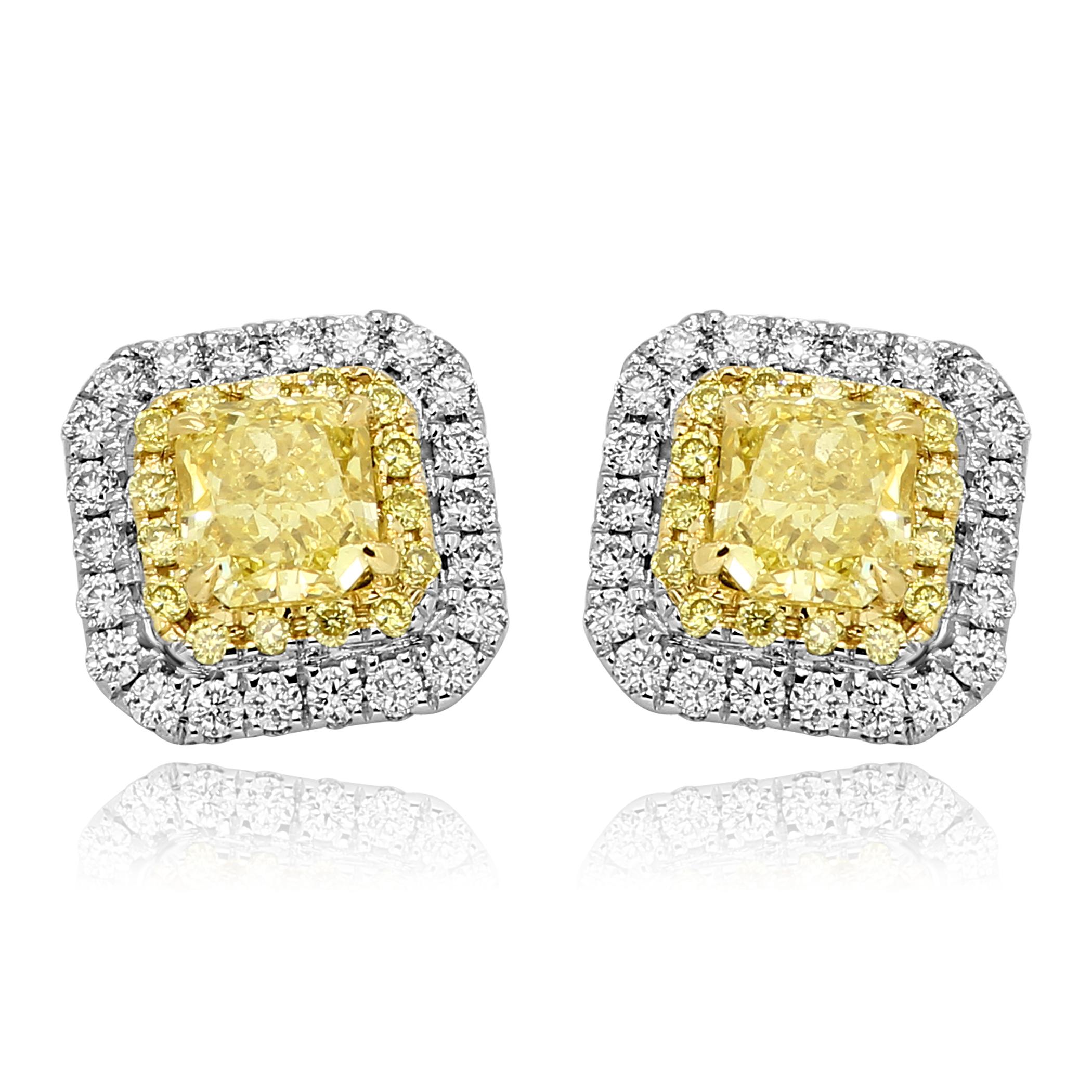 2 Natural Fancy Yellow Radiant Cut Diamonds 0.90 Carat Encircled in Double Halo Of 30 Natural Fancy Yellow Round Brilliant Diamonds 0.13 Carat and 44 White Round Brilliant Cut Diamonds 0.25 Carat in Gorgeous everyday wear 14K White and Yellow Gold