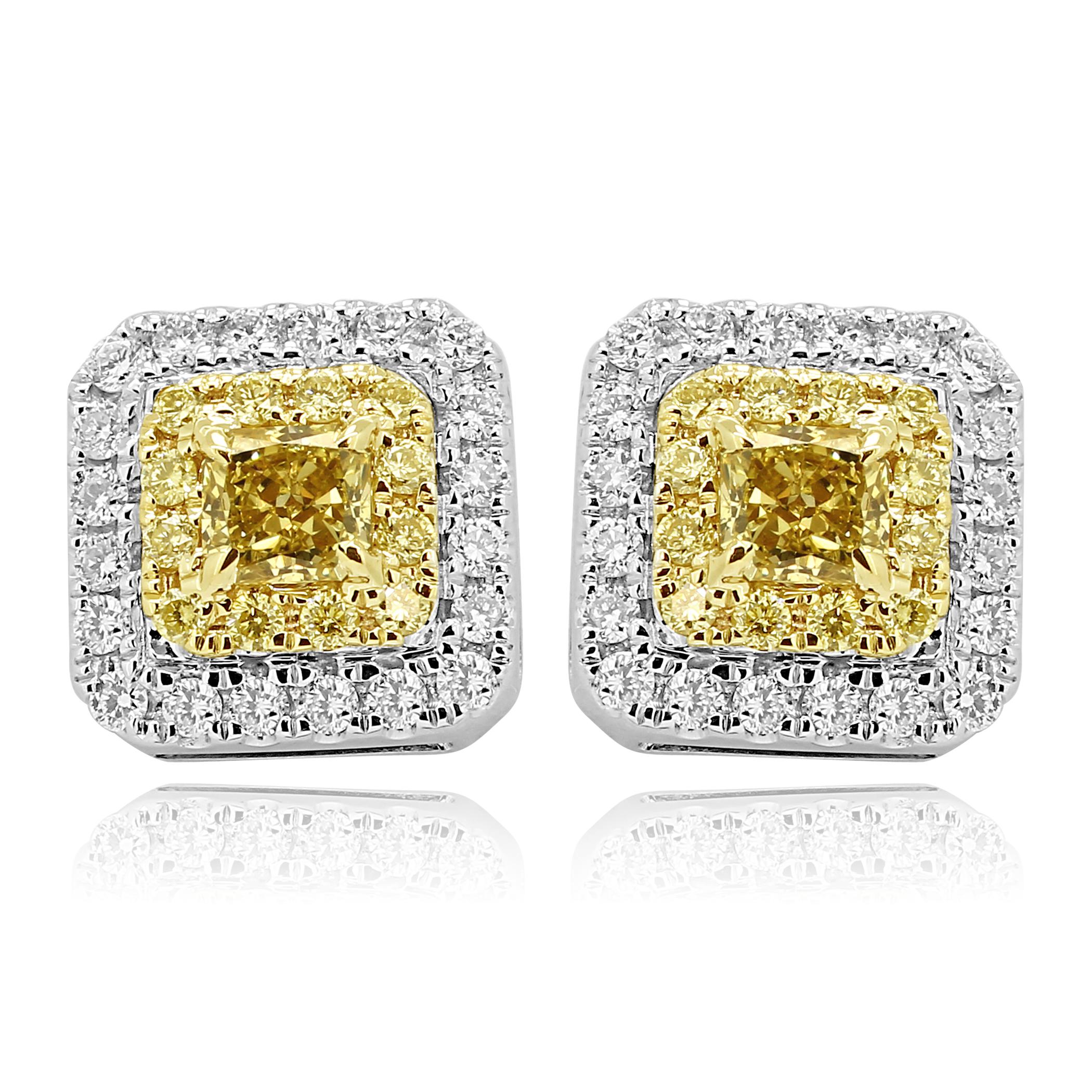 2 Natural Fancy yellow Diamond Radiant 0.58 Carat Encircled in Double Halo of Natural Fancy Yellow Round Diamonds 0.21 Carat and White Round Diamonds 0.37 Carat in Stunning and Classic 14K White and Yellow Gold Stud Earring.

Style available in