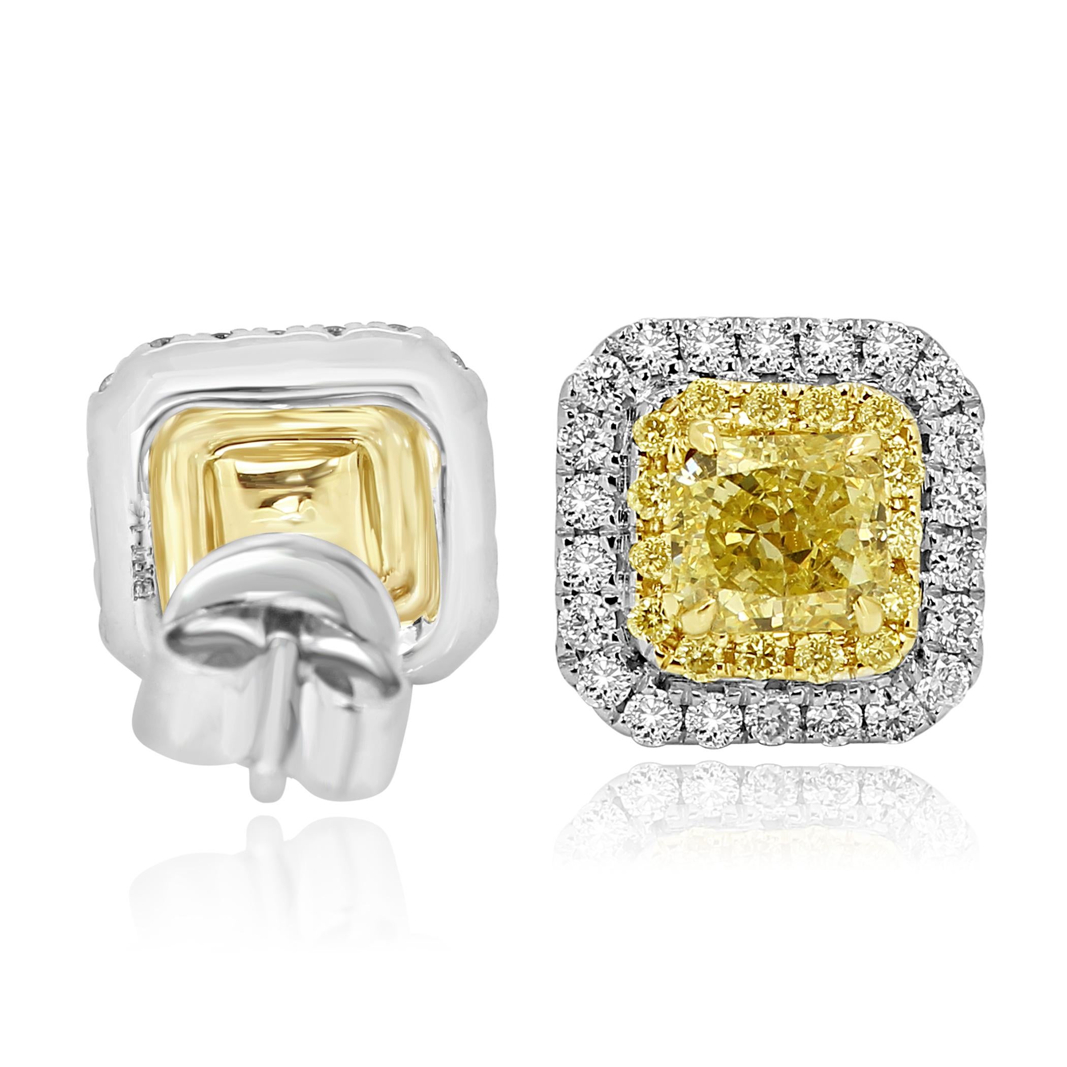 Modern Natural Fancy Yellow Diamond Double Halo Two-Color Gold Stud Earring