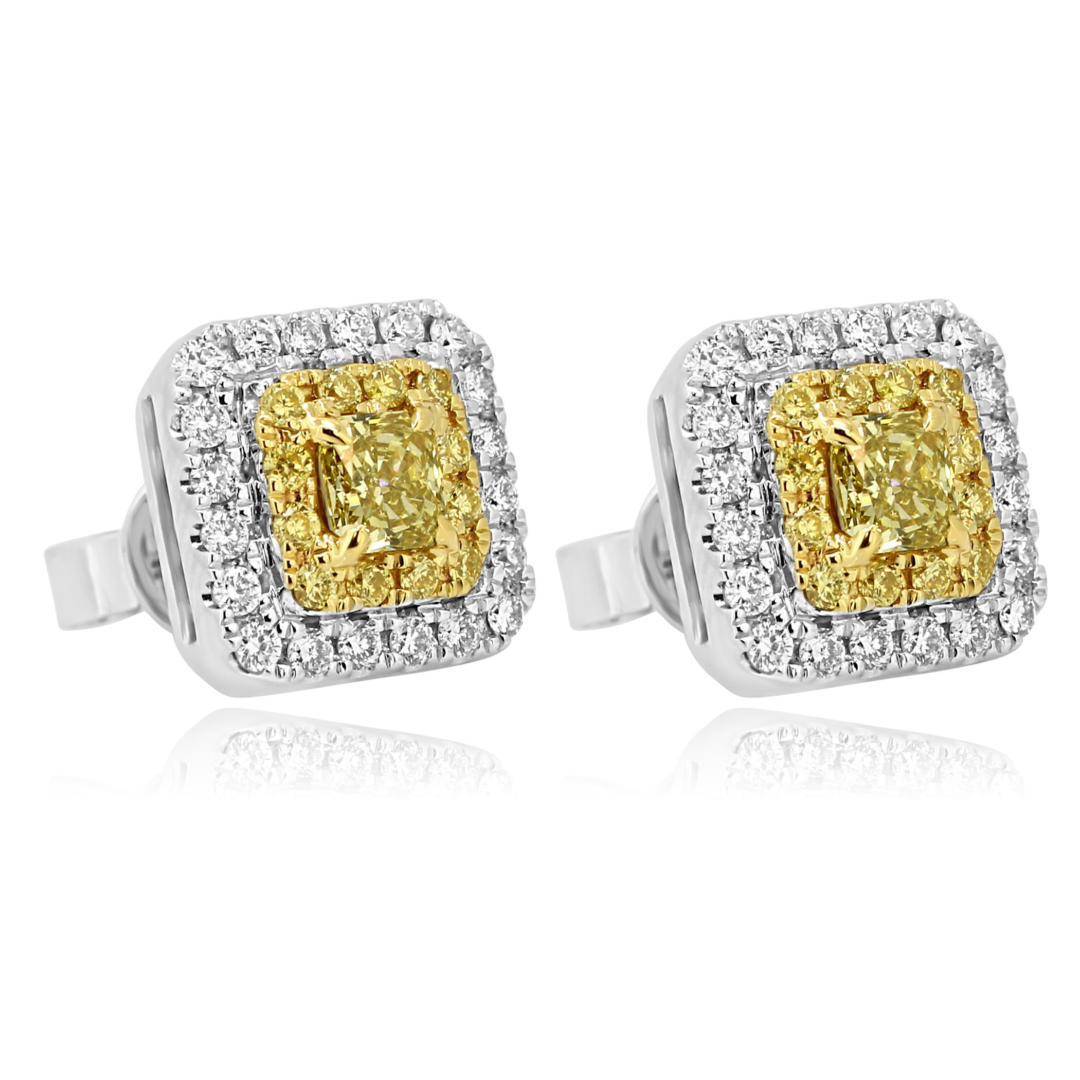 Natural Fancy Yellow Diamond Double Halo Two-Color Gold Stud Earring (Moderne)