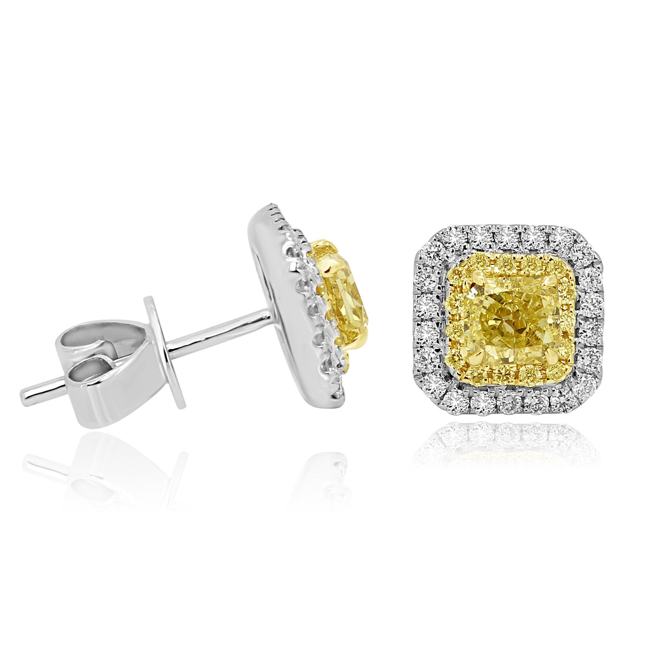 Radiant Cut Natural Fancy Yellow Diamond Double Halo Two-Color Gold Stud Earring