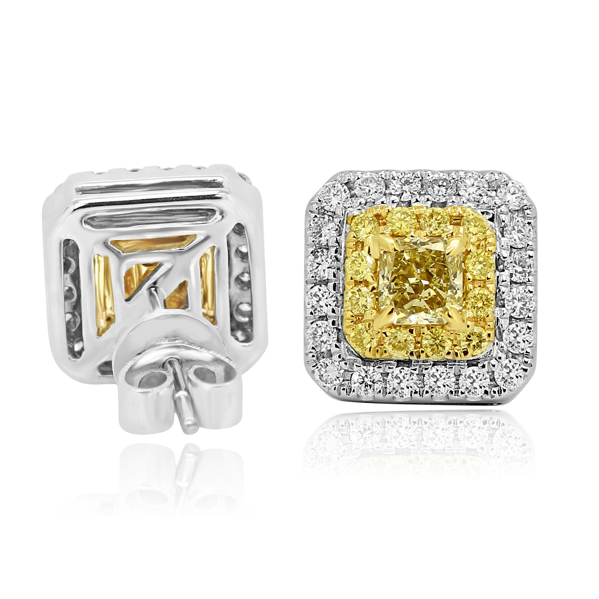 Natural Fancy Yellow Diamond Double Halo Two-Color Gold Stud Earring (Radiantschliff)