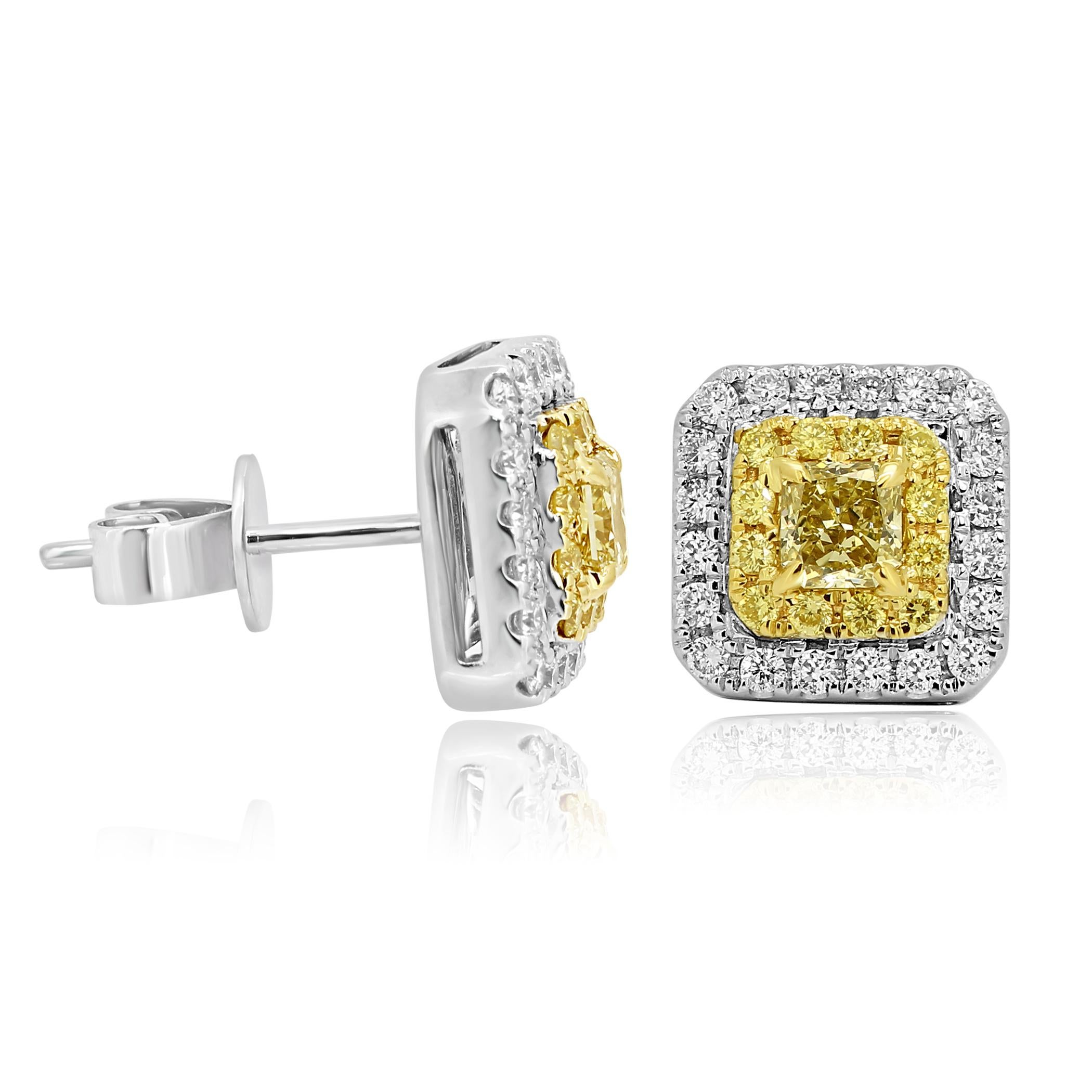 Natural Fancy Yellow Diamond Double Halo Two-Color Gold Stud Earring im Zustand „Neu“ in NEW YORK, NY