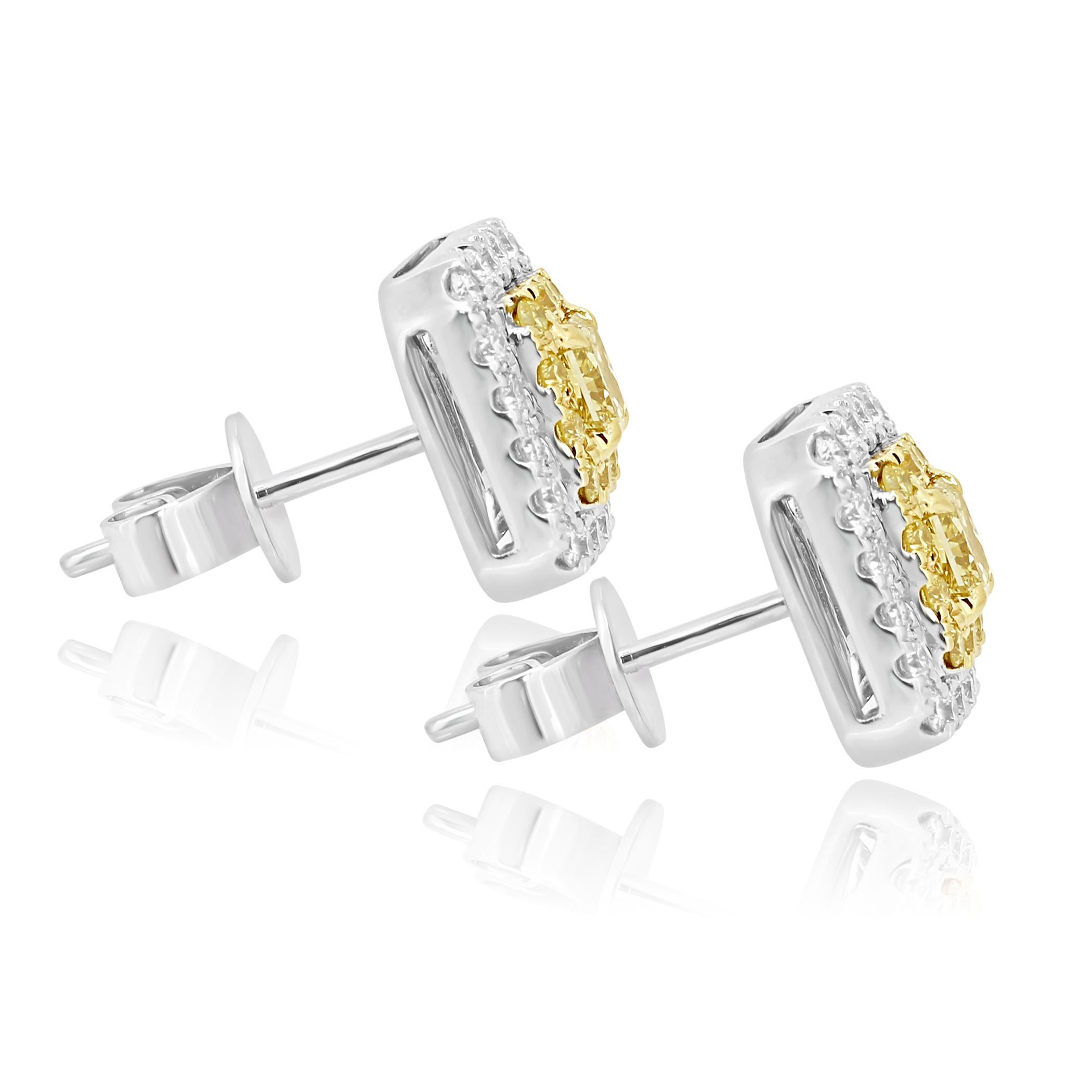 Natural Fancy Yellow Diamond Double Halo Two-Color Gold Stud Earring für Damen oder Herren