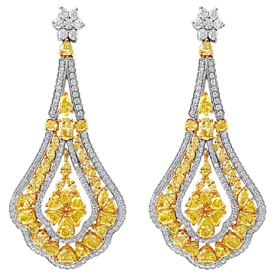 Natural Fancy Yellow Diamond Drop Earrings, 18 Karat Gold For Sale at