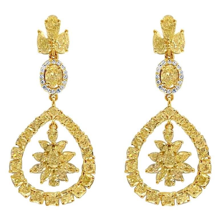 Natural Fancy Yellow Diamond Drop Earrings, 18 Karat Gold For Sale
