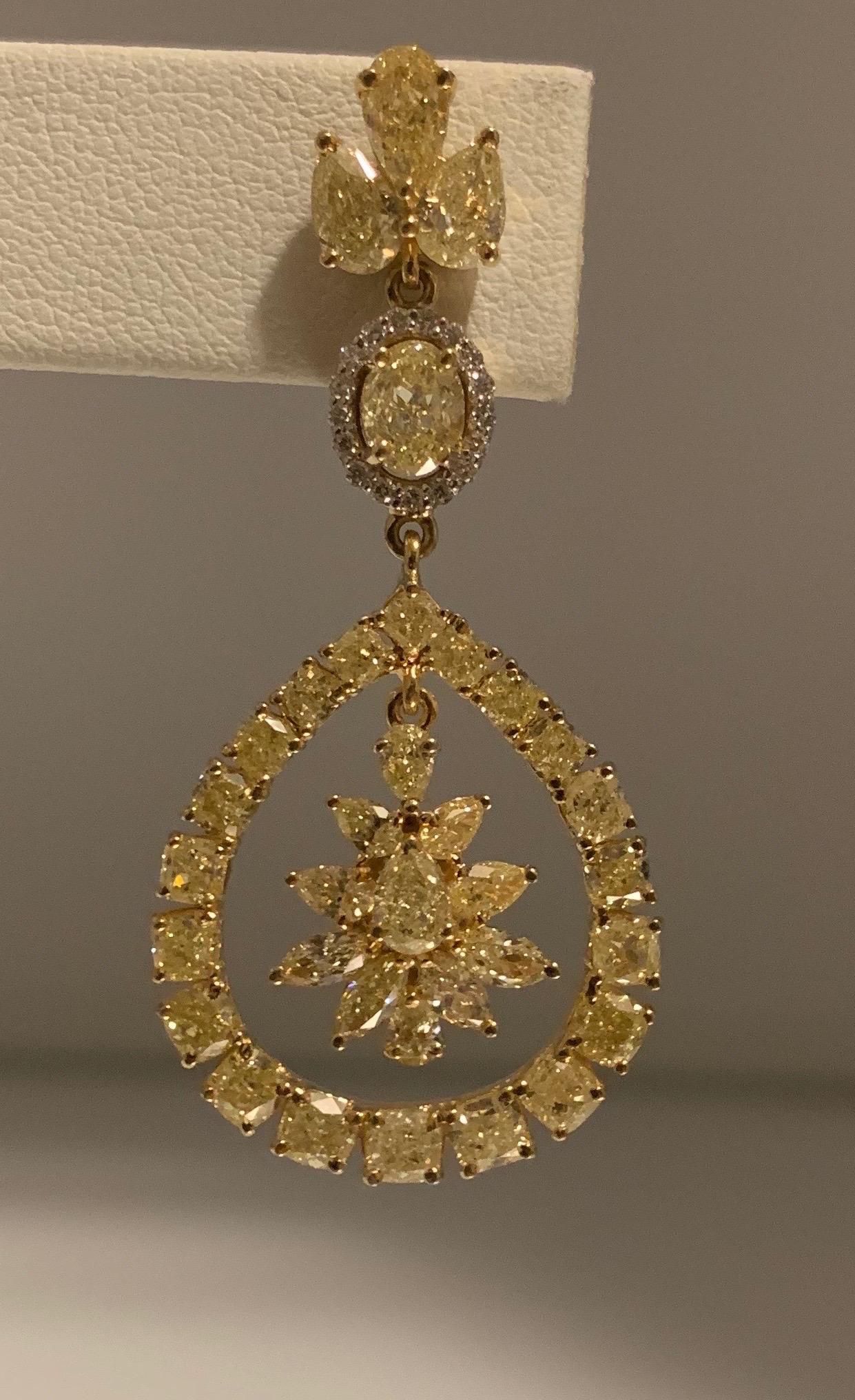 Pear Cut Natural Fancy Yellow Diamond Drop Earrings, 18 Karat Gold For Sale