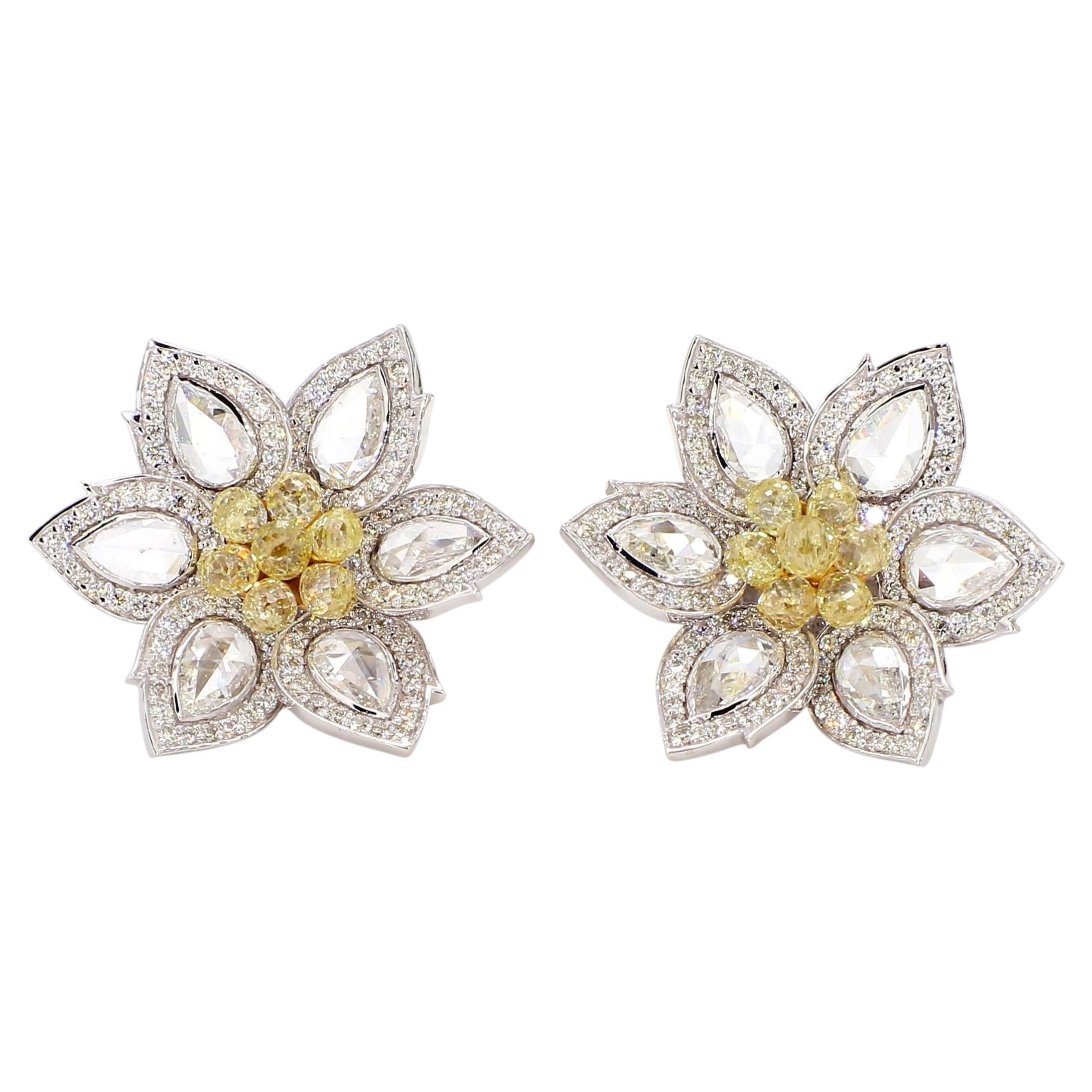 Designer 18k Gold Floral Yellow Diamond Drop Earrings, 1.31ct