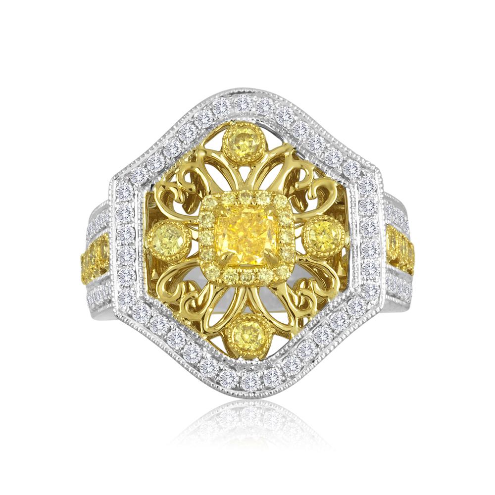 Beautiful Natural Fancy Yellow  Diamond Cushion Cut 0.40 carat encircled in single halo natural fancy yellow round diamond .0.32 carat along with white round diamonds 0.52 Carat in 18K white and yellow gold stunning cocktail ring.

Style available