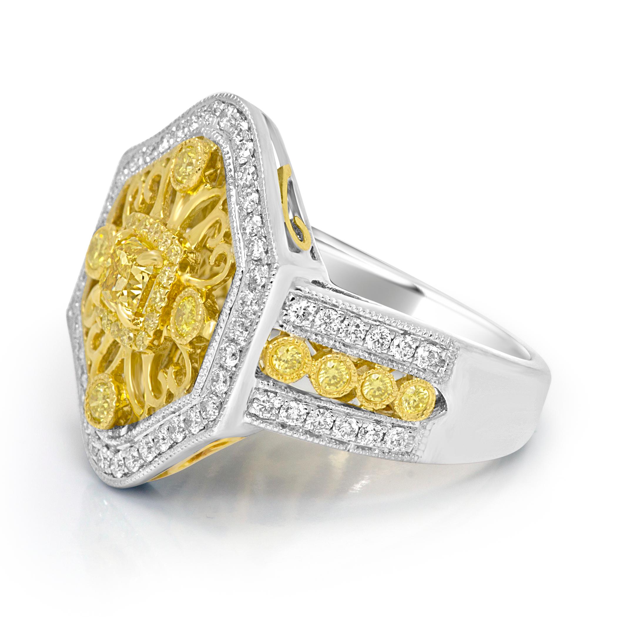 Modern Natural Fancy Yellow Diamond Halo Two-Color Gold Cocktail Ring