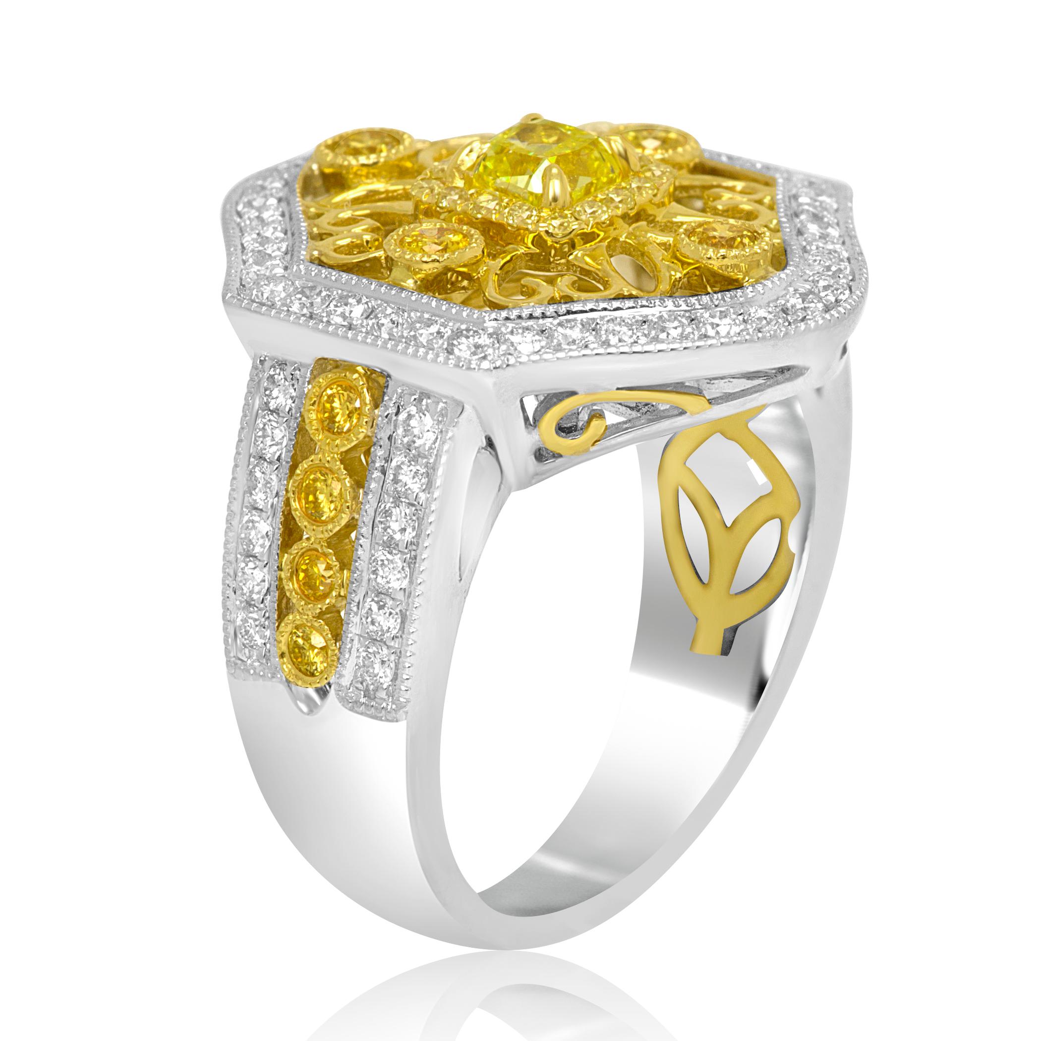 Cushion Cut Natural Fancy Yellow Diamond Halo Two-Color Gold Cocktail Ring
