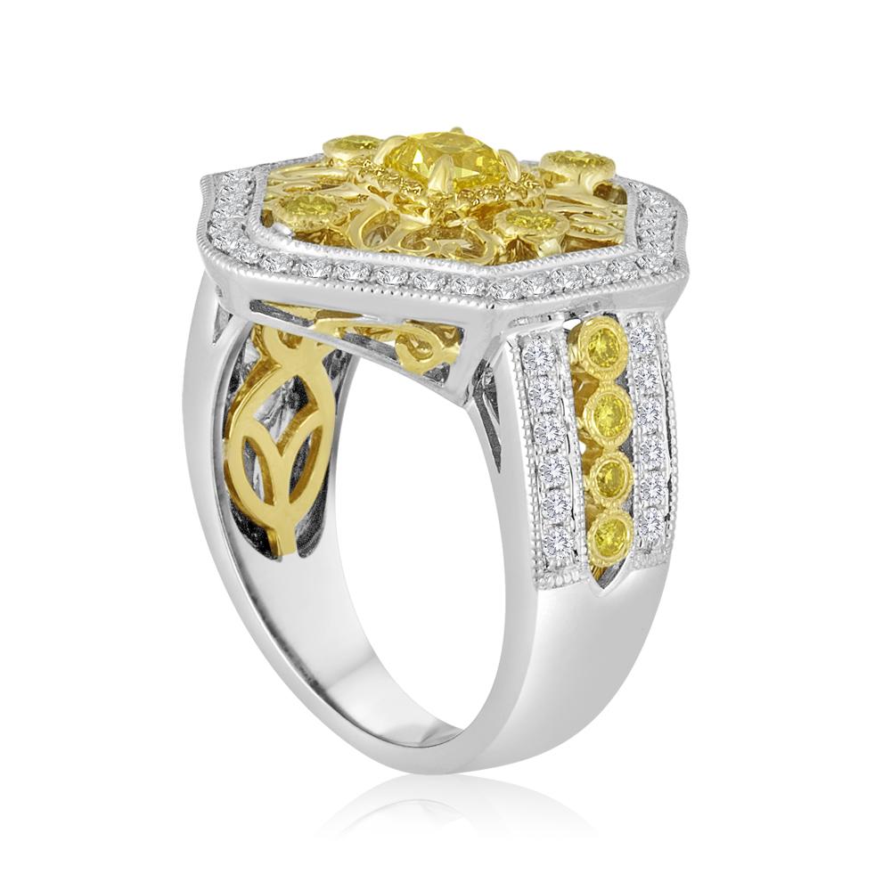 Natural Fancy Yellow Diamond Halo Two-Color Gold Cocktail Ring In New Condition In NEW YORK, NY
