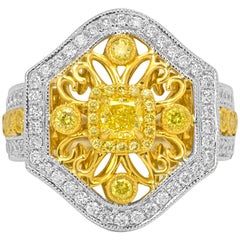Natural Fancy Yellow Diamond Halo Two-Color Gold Cocktail Ring