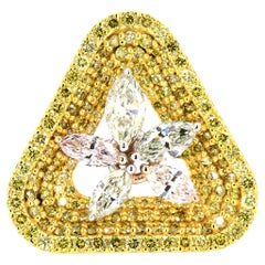 Bague florale en or massif 18 carats, diamant naturel de couleur jaune Marquise (certifié)