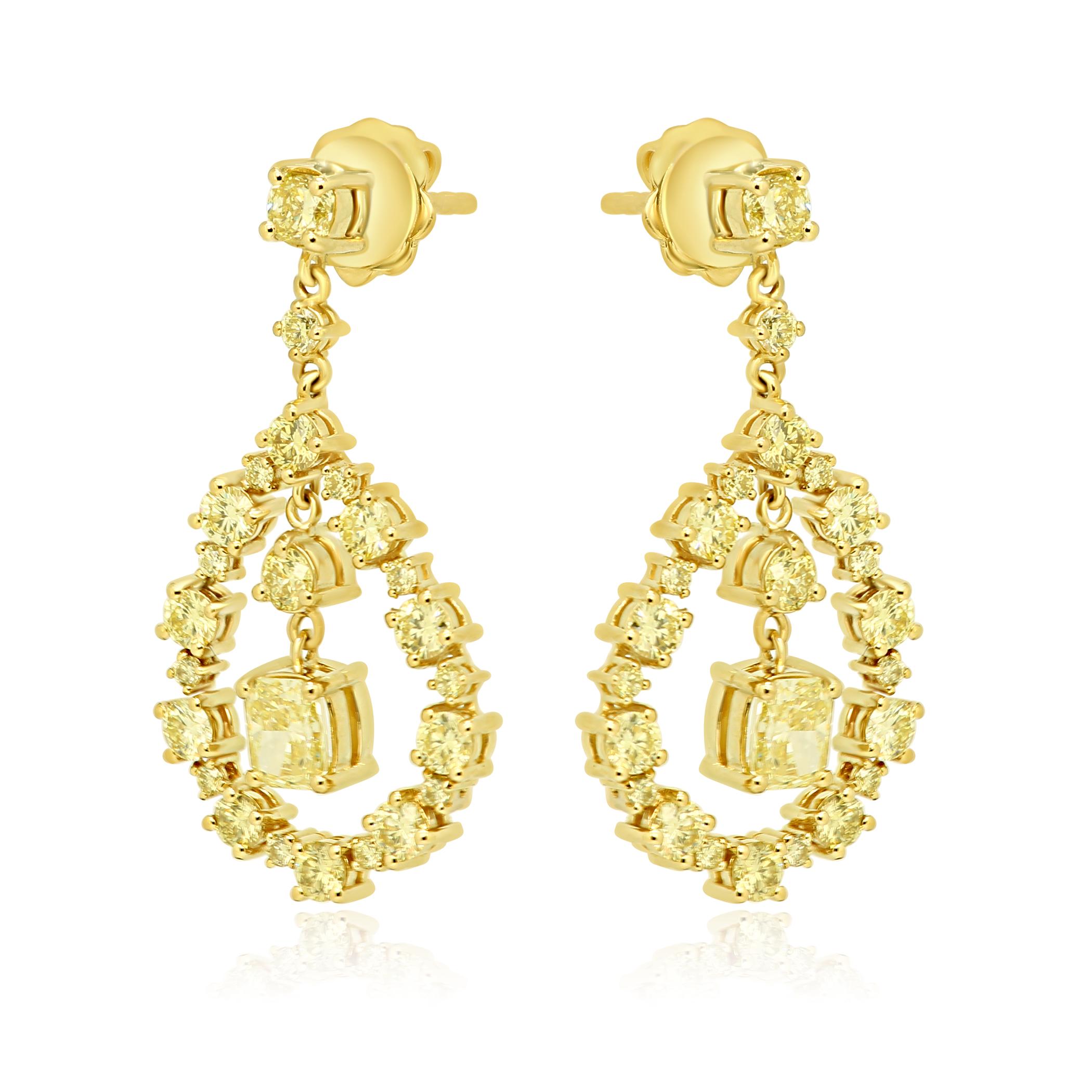 Artisan Natural Fancy Yellow Diamond Radiant and Round Yellow Gold Drop Earring