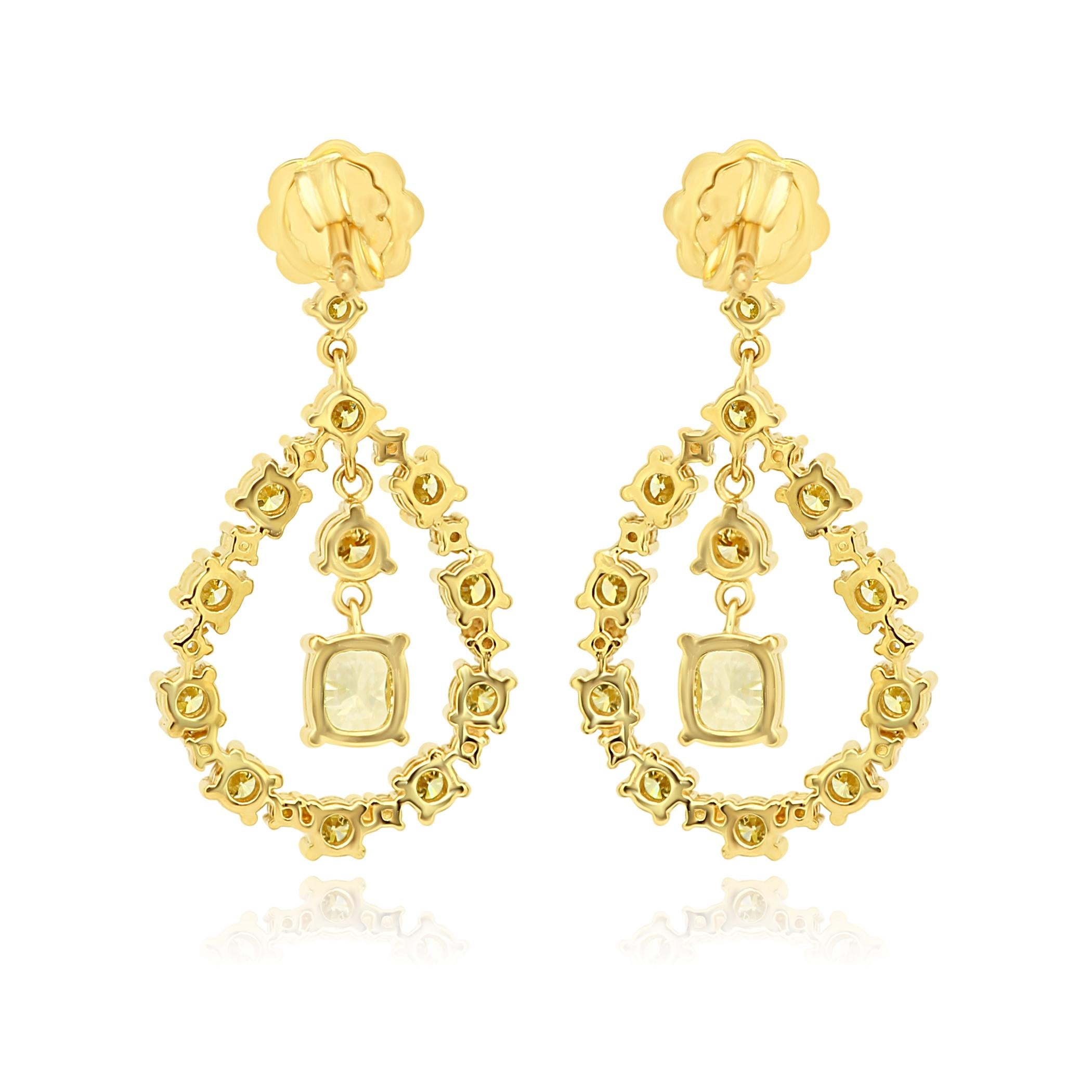 Radiant Cut Natural Fancy Yellow Diamond Radiant and Round Yellow Gold Drop Earring