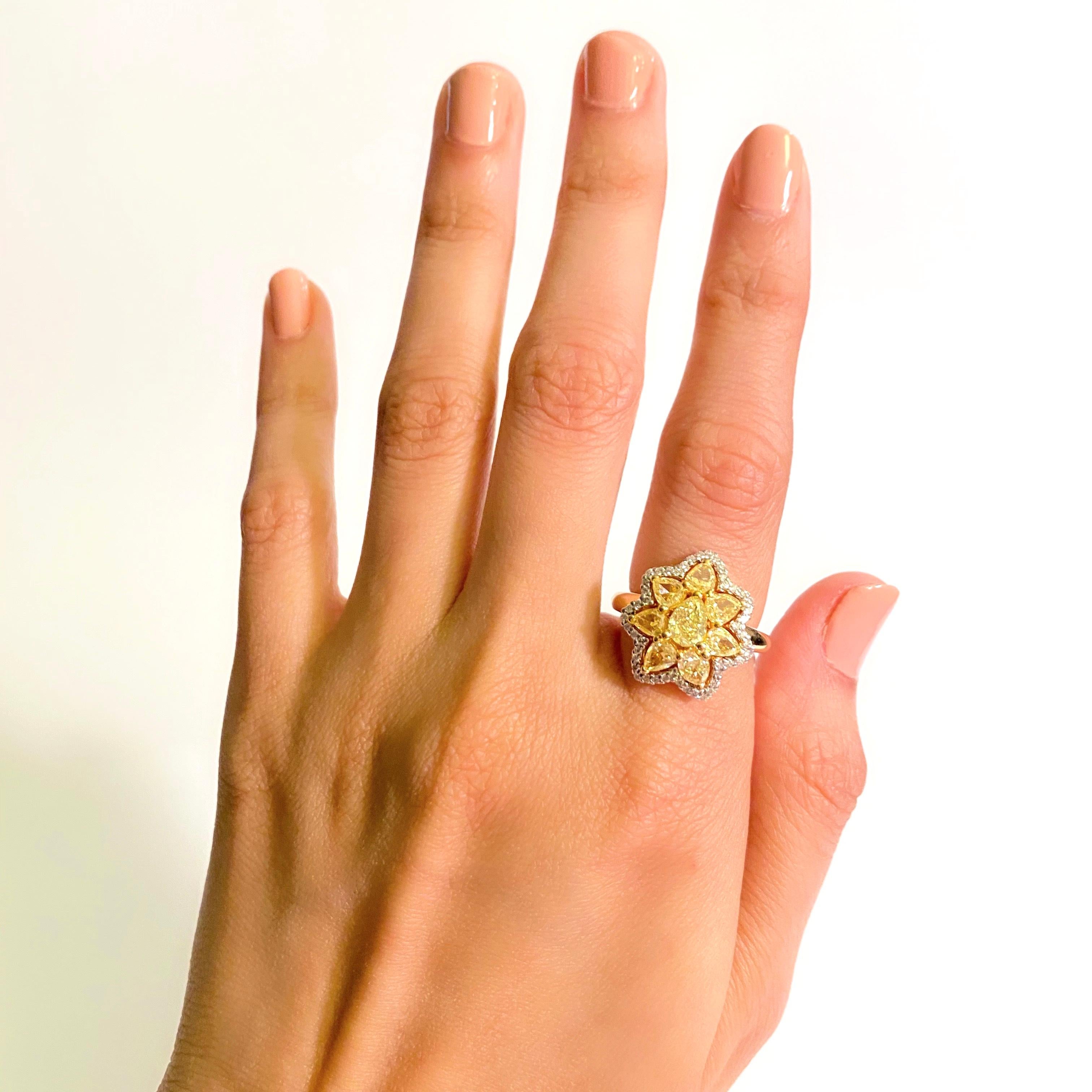 The Capella Star Ring is a radianting natural fancy yellow diamond ring, featuring 2 carats fancy yellow diamonds, matched with 0.5 carats of round brilliant diamonds. 

Shape Pear 
Color Natural fancy yellow
Clarity VS, VVS2
Weight 1.99 carats
Side