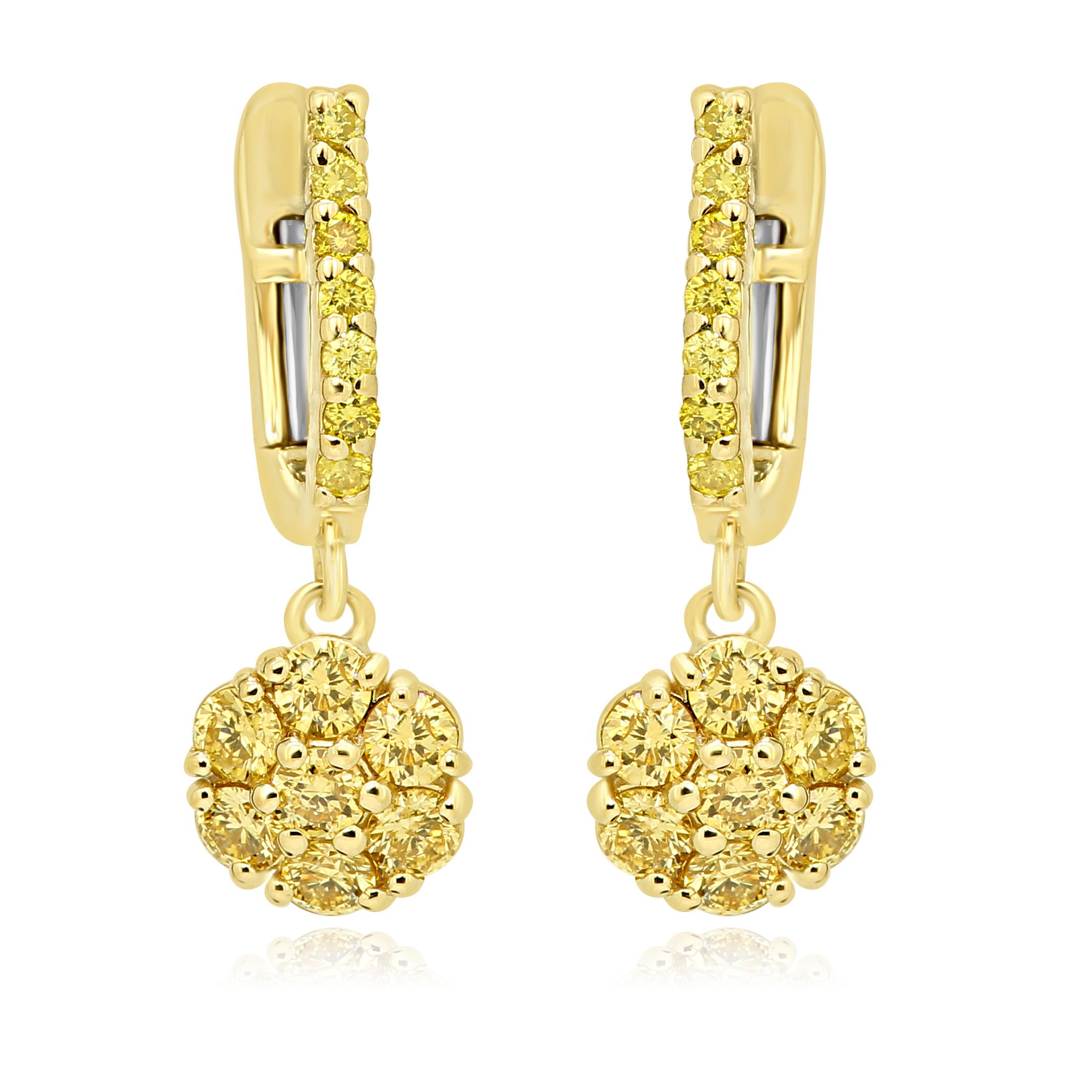 Stunning Natural Fancy Yellow Diamond Round 1.18 Carat set in Cluster style making it look like one big Diamond in 14K Yellow Gold Dangle Clip on Earring.

Style available in different price ranges. Prices are based on your selection of 4C's Cut,
