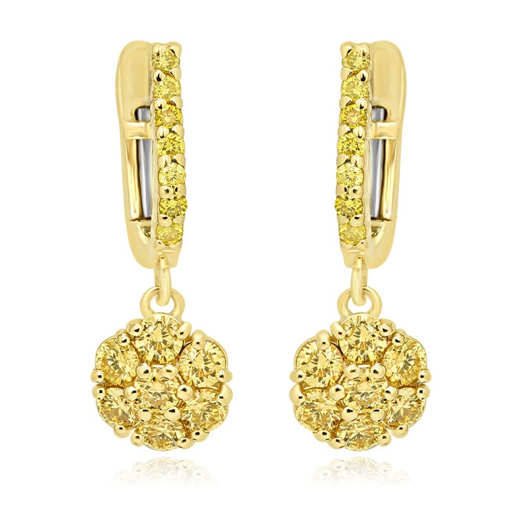 Natural Fancy Yellow Diamond Rounds Gold Cluster Clip on Dangle Earring ...