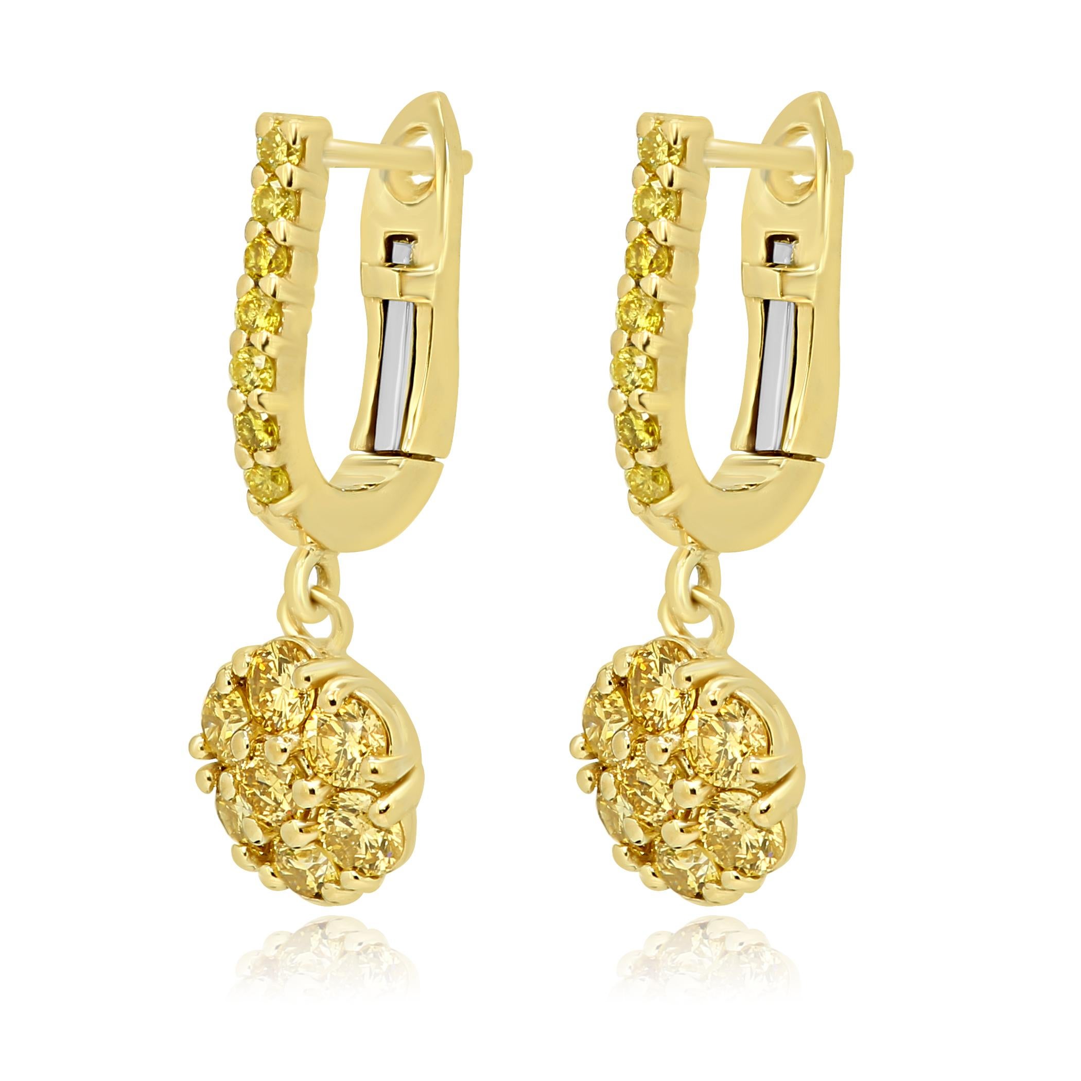 Modern Natural Fancy Yellow Diamond Rounds Gold Cluster Clip on Dangle Earring