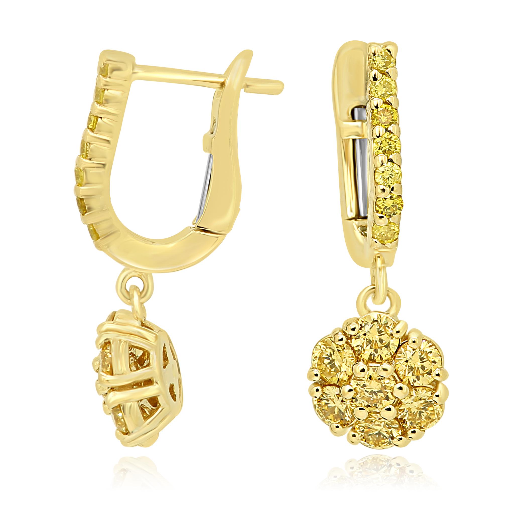 Round Cut Natural Fancy Yellow Diamond Rounds Gold Cluster Clip on Dangle Earring