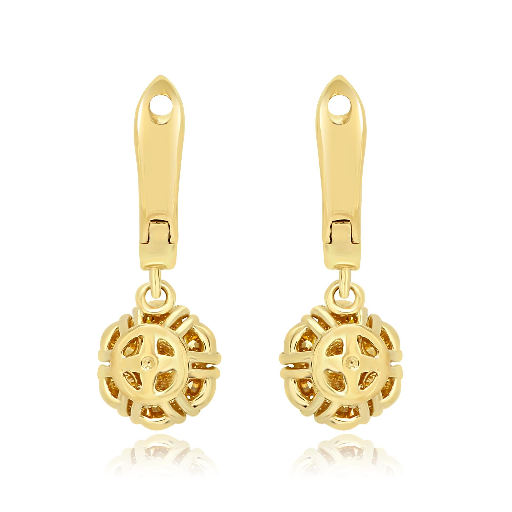 Natural Fancy Yellow Diamond Rounds Gold Cluster Clip on Dangle Earring In New Condition In NEW YORK, NY