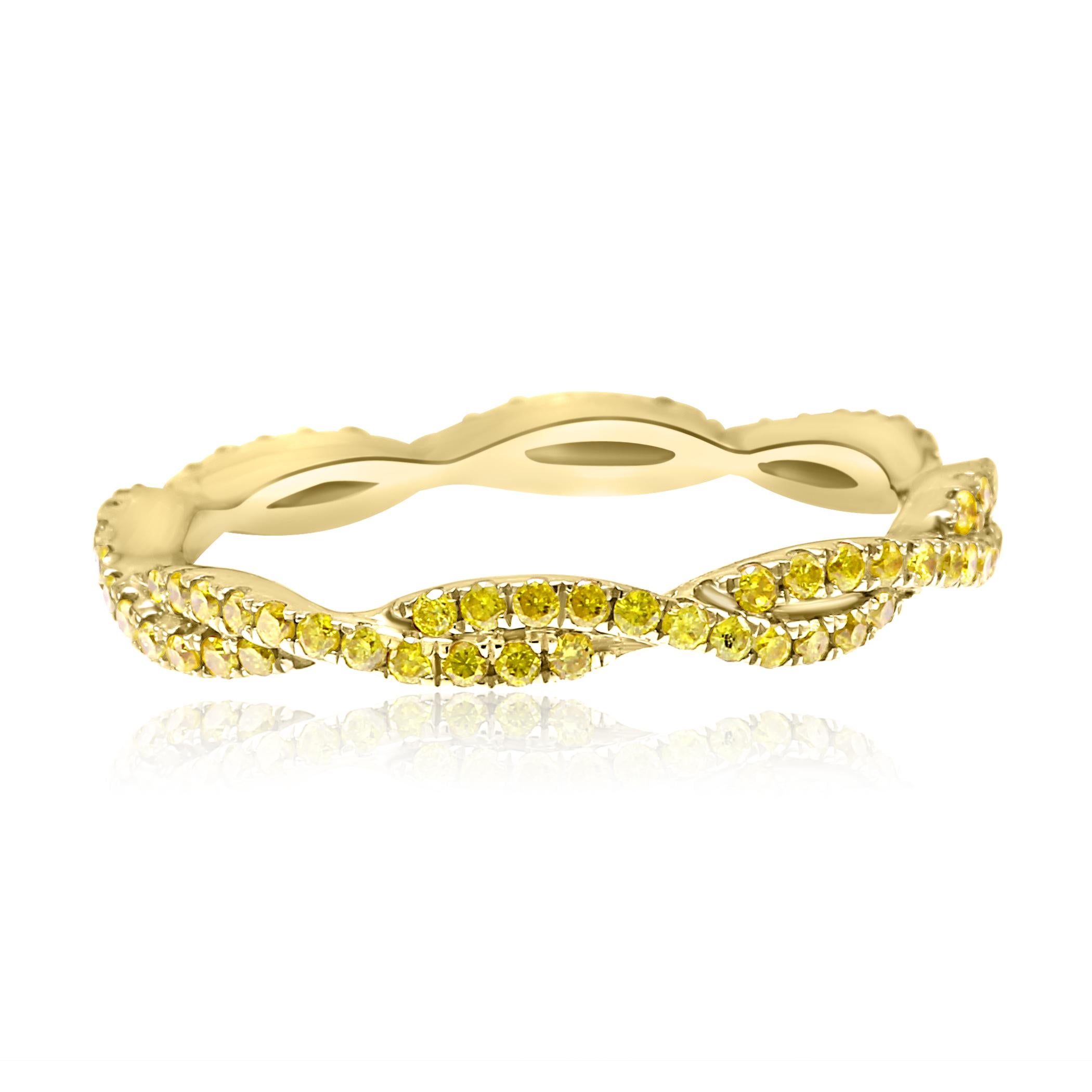 88 Natural Fancy Yellow Diamond Rounds 0.60 Carat in Twist Rope Style 14K Yellow Gold Stackable Band Fashion Ring.

Total Diamond Weight 0.60 Carat

Style available in different price ranges and with different center stones and gold colors, can be
