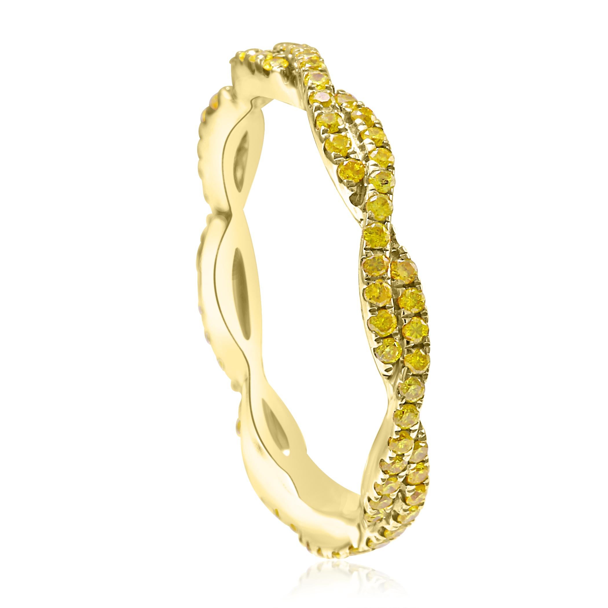 Round Cut Natural Fancy Yellow Diamond Twisted Rope Style Gold Stackable Band Fashion Ring