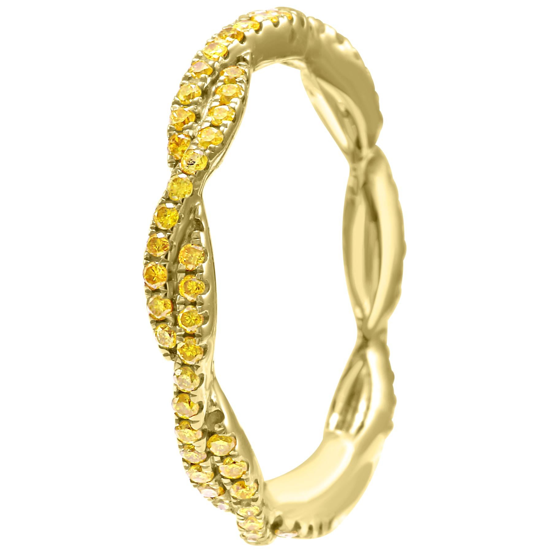 Natural Fancy Yellow Diamond Twisted Rope Style Gold Stackable Band Fashion Ring