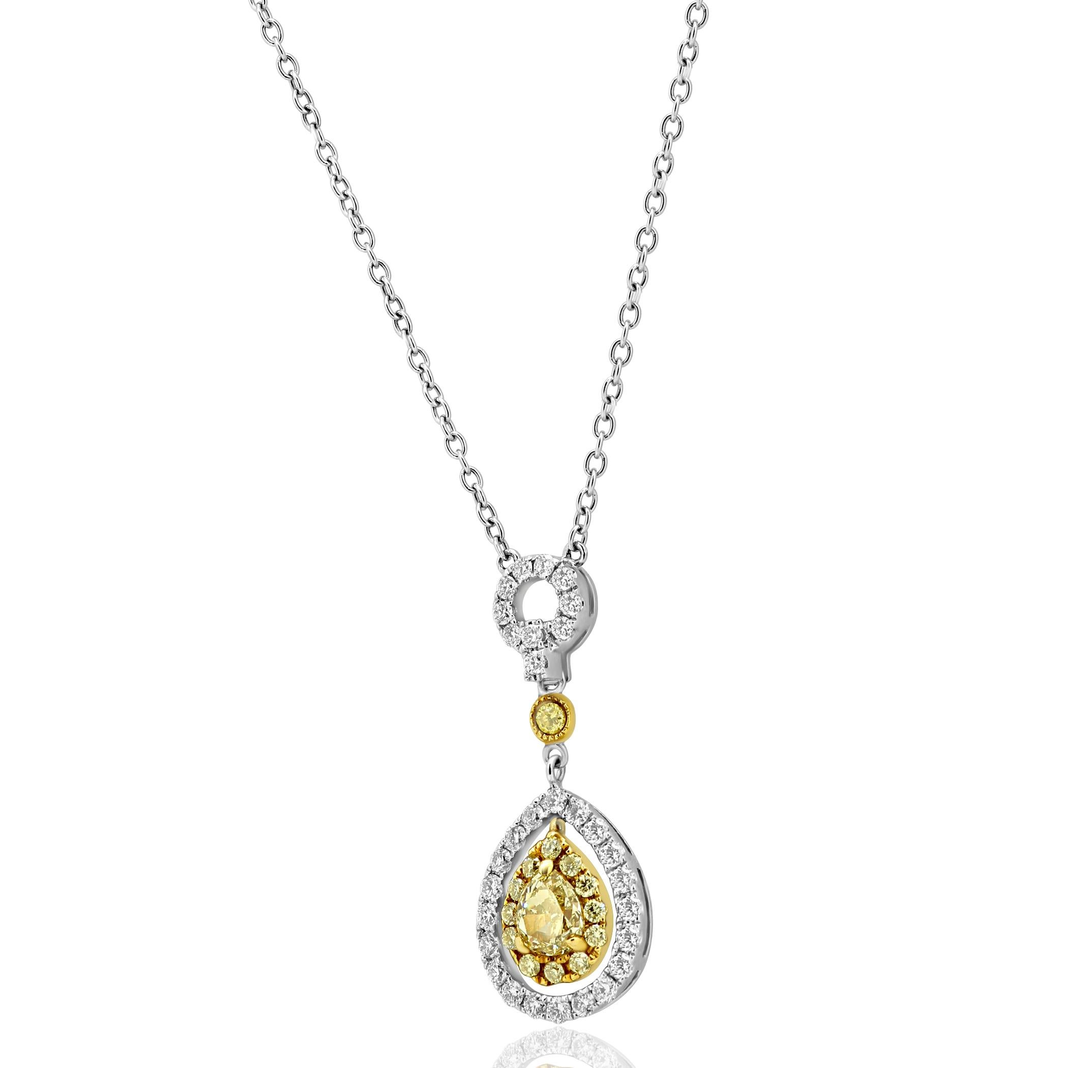Modern Natural Fancy Yellow Diamond White Diamond Halo Two-Color Gold Chain Necklace