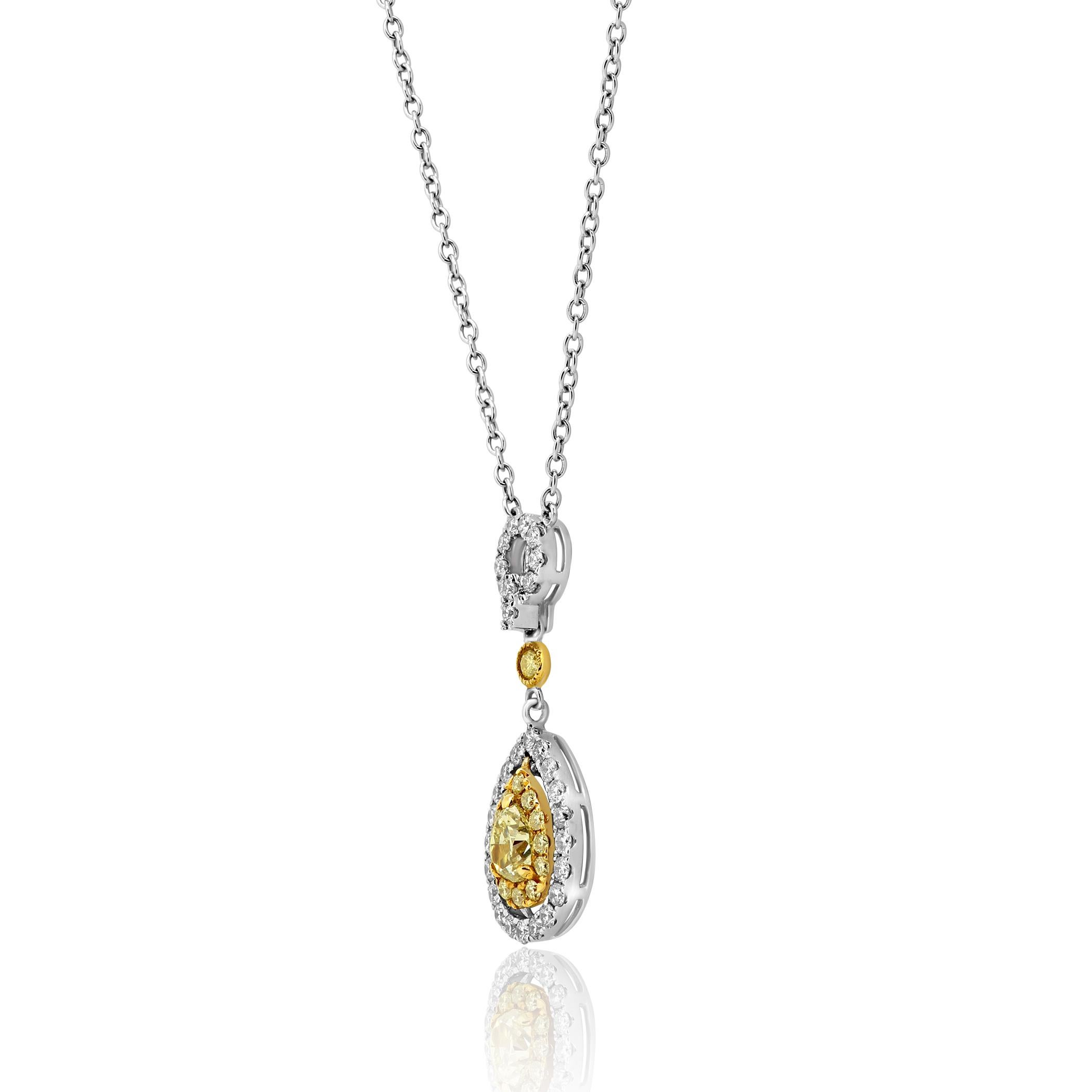 Pear Cut Natural Fancy Yellow Diamond White Diamond Halo Two-Color Gold Chain Necklace
