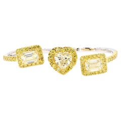 Natural Fancy Yellow Diamonds Halo Two-Finger Ring in 18K Solid Gold (Certified)