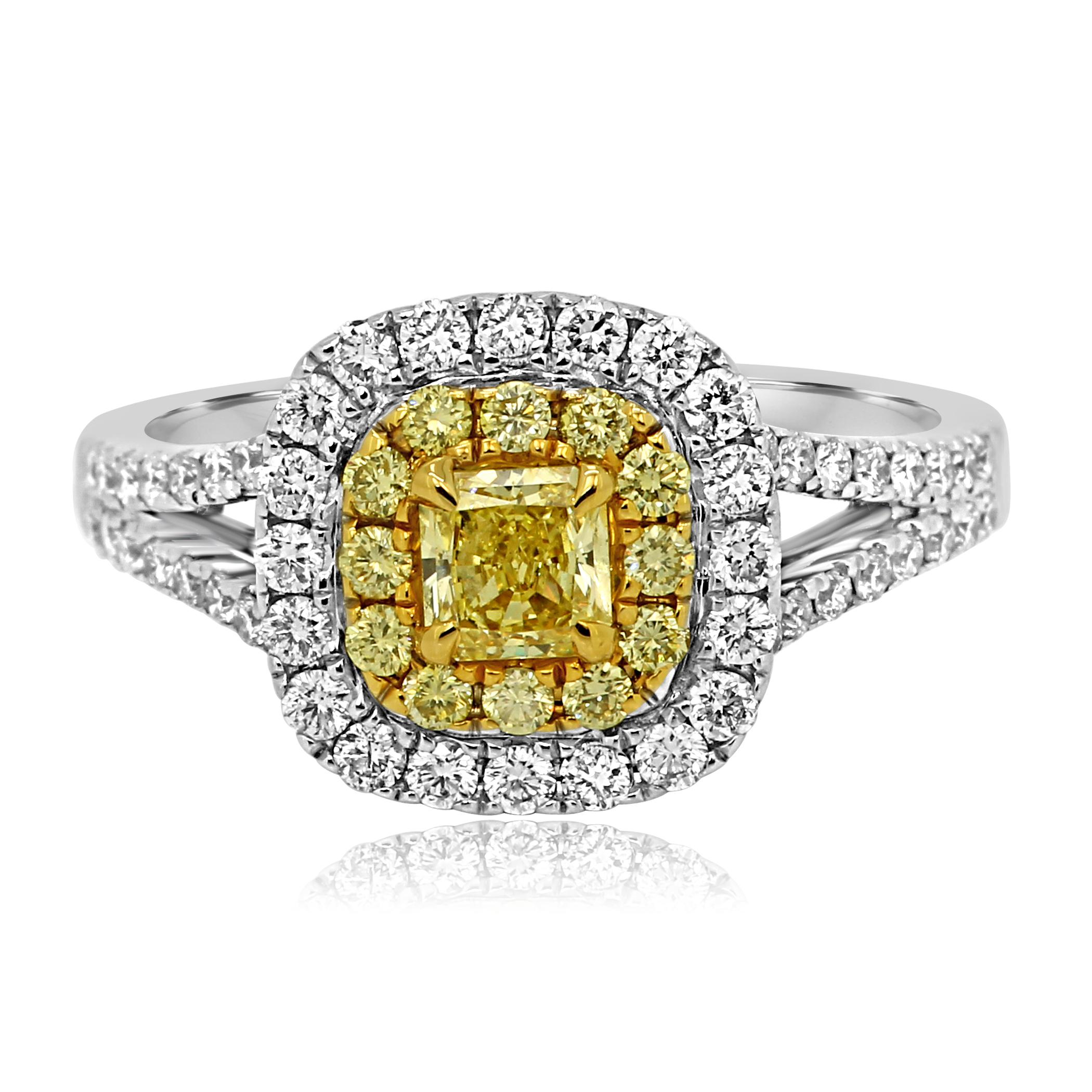 Natural Fancy Yellow Radiant VS1 0.74 Carat encircled in a Double Halo of Natural Fancy Yellow Round Diamonds 0.17 Carat and White Diamond Rounds 0.58 Carat in 18K White and Yellow Gold Ring.

Style available in different price ranges. Prices are