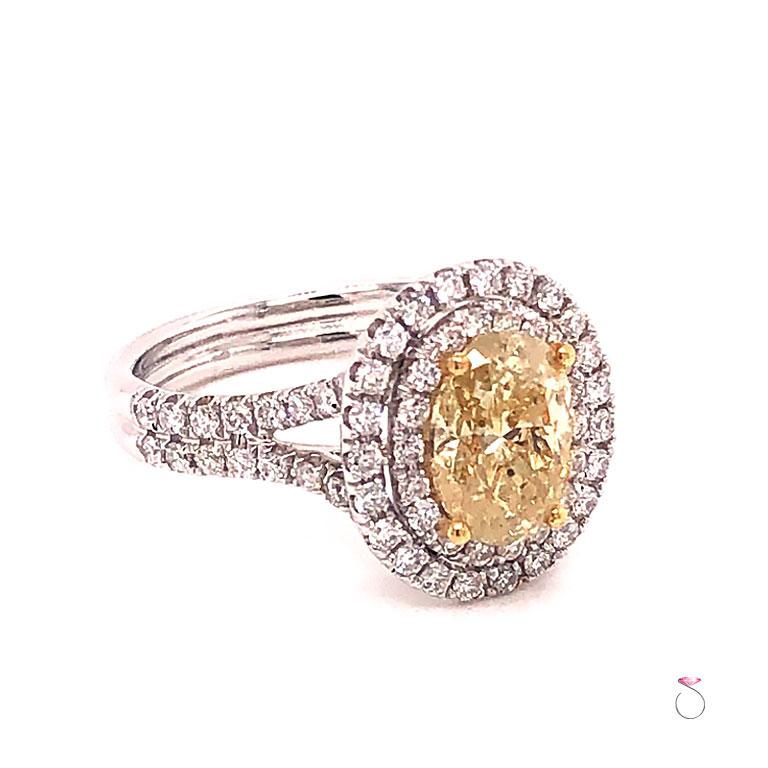 Stunning natural fancy yellow oval diamond set in 18k white gold and diamond double halo ring. This magnificent ring features a 1.60 carat oval shape natural fancy yellow Diamond in the center set in four prongs. The center diamond is surrounded by