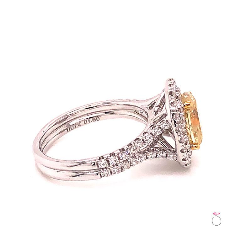 Modern Natural Fancy Yellow Oval Diamond Halo Ring, 1.60 Carat, 18 Karat 2.34 Carat For Sale