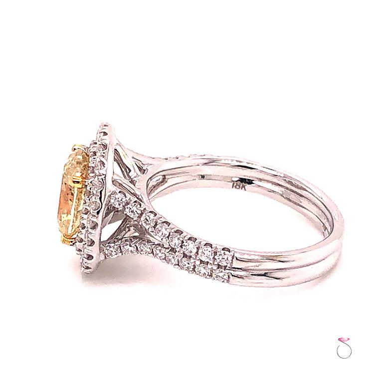 Oval Cut Natural Fancy Yellow Oval Diamond Halo Ring, 1.60 Carat, 18 Karat 2.34 Carat For Sale