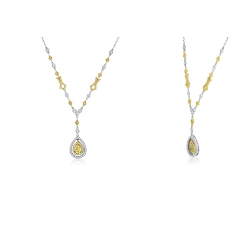 Contemporary Natural Fancy Yellow Pear Diamond Double Halo Two-Color Gold Pendant Necklace