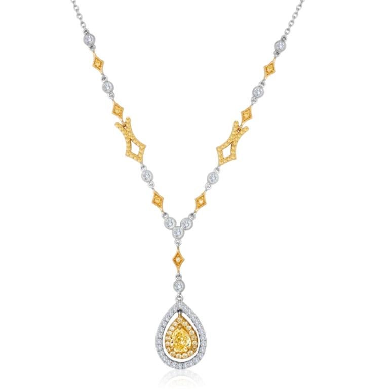 Pear Cut Natural Fancy Yellow Pear Diamond Double Halo Two-Color Gold Pendant Necklace