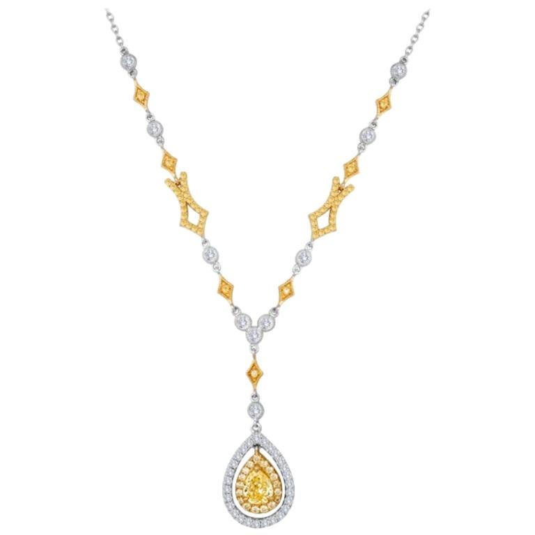 Natural Fancy Yellow Pear Diamond Double Halo Two-Color Gold Pendant Necklace